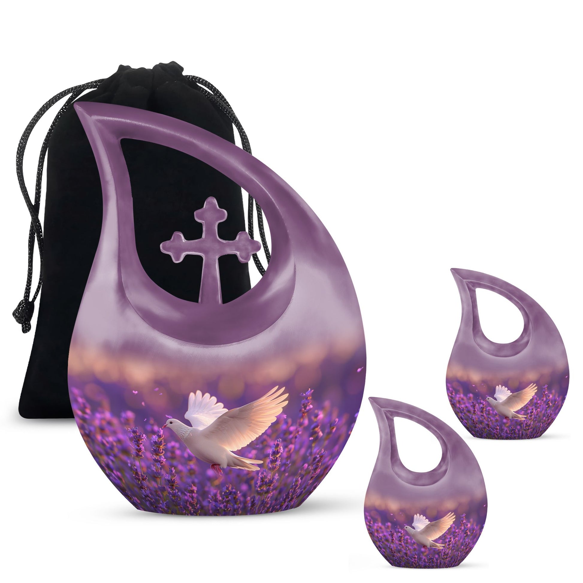 White Dove On Purple Theme Large Urn With 2 Keepsake Urn