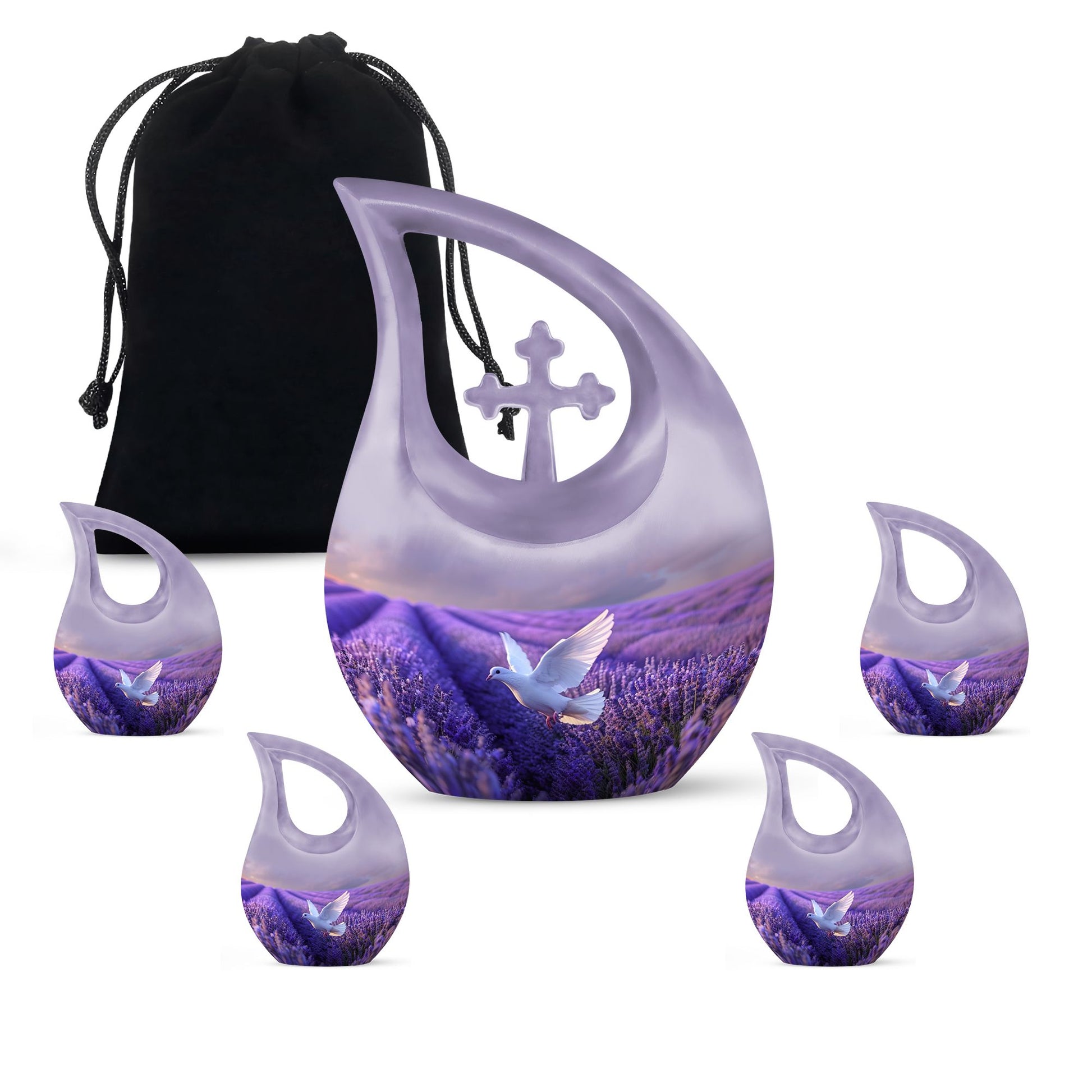 White Dove On Purple Theme Large Urn With 4 Keepsake Urn