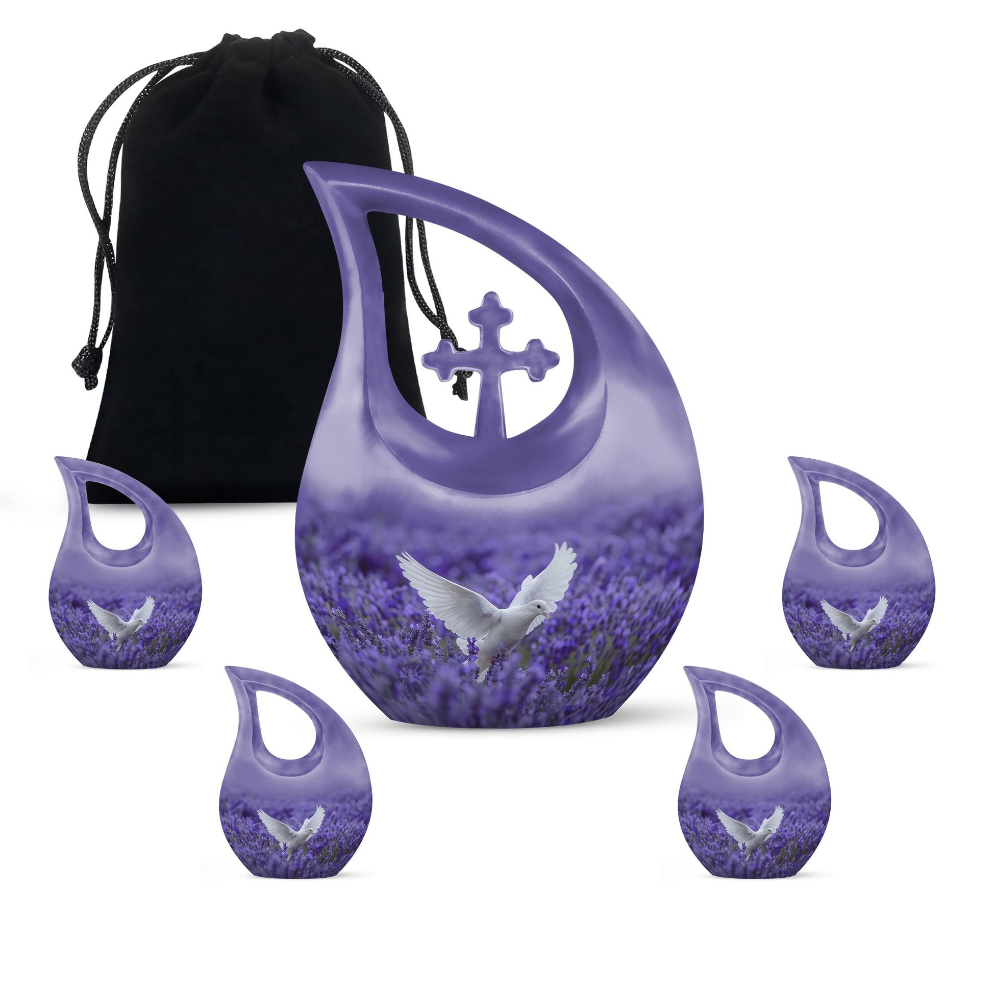 White Dove On Purple Theme Large Urn With 4 Keepsake Urn