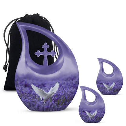 White Dove On Purple Theme Large Urn With 2 Keepsake Urn