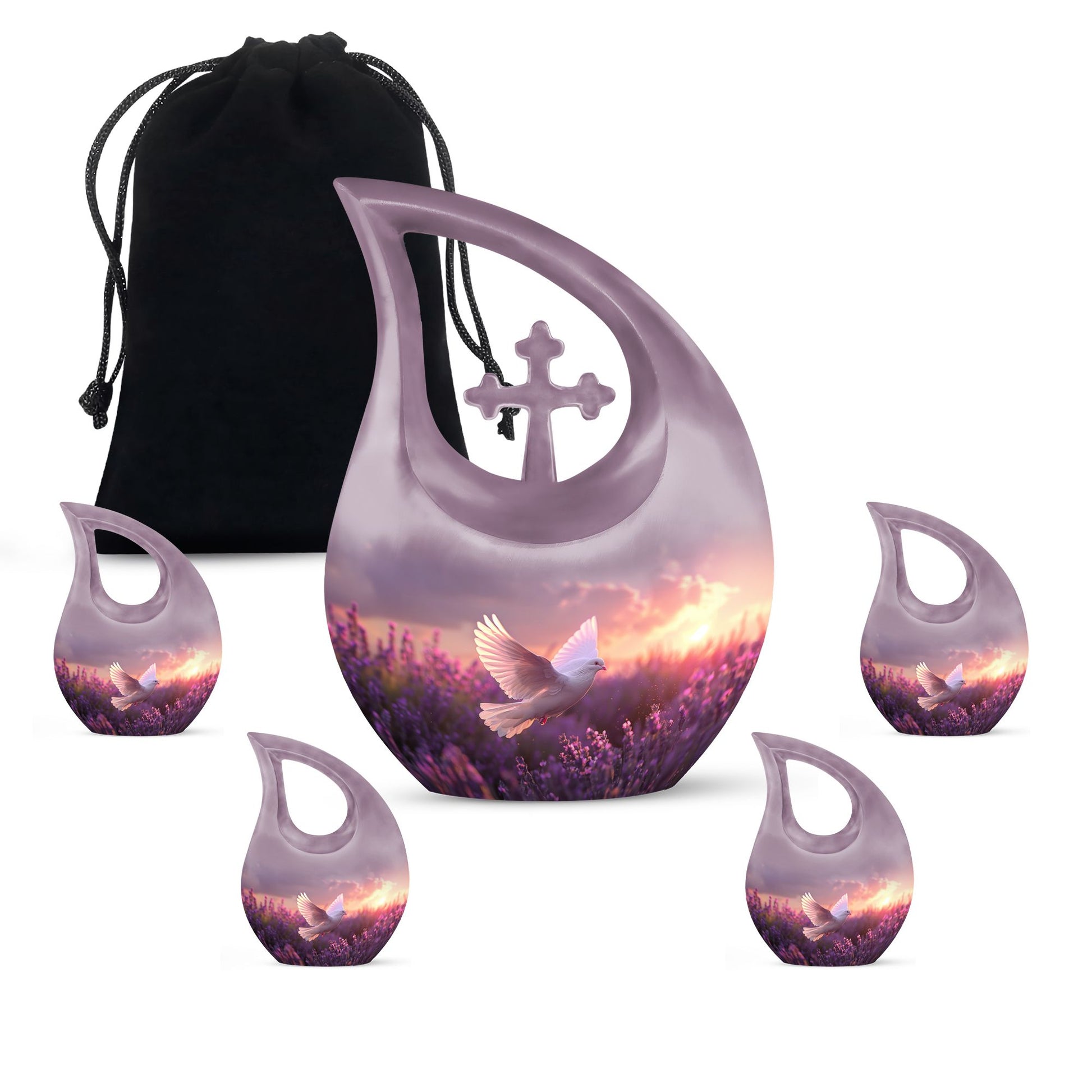 White Dove On Purple Theme Large Urn With 4 Keepsake Urn