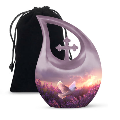 White Dove On Purple Theme Large Urn 10 Inch
