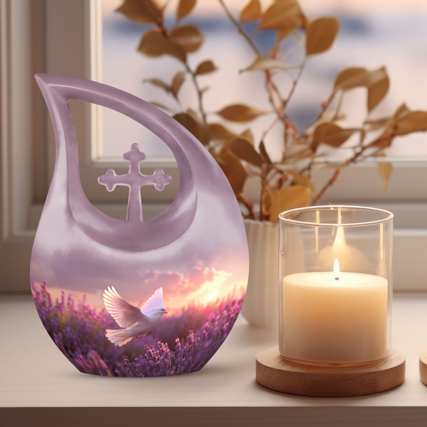 White Dove on Purple Urn