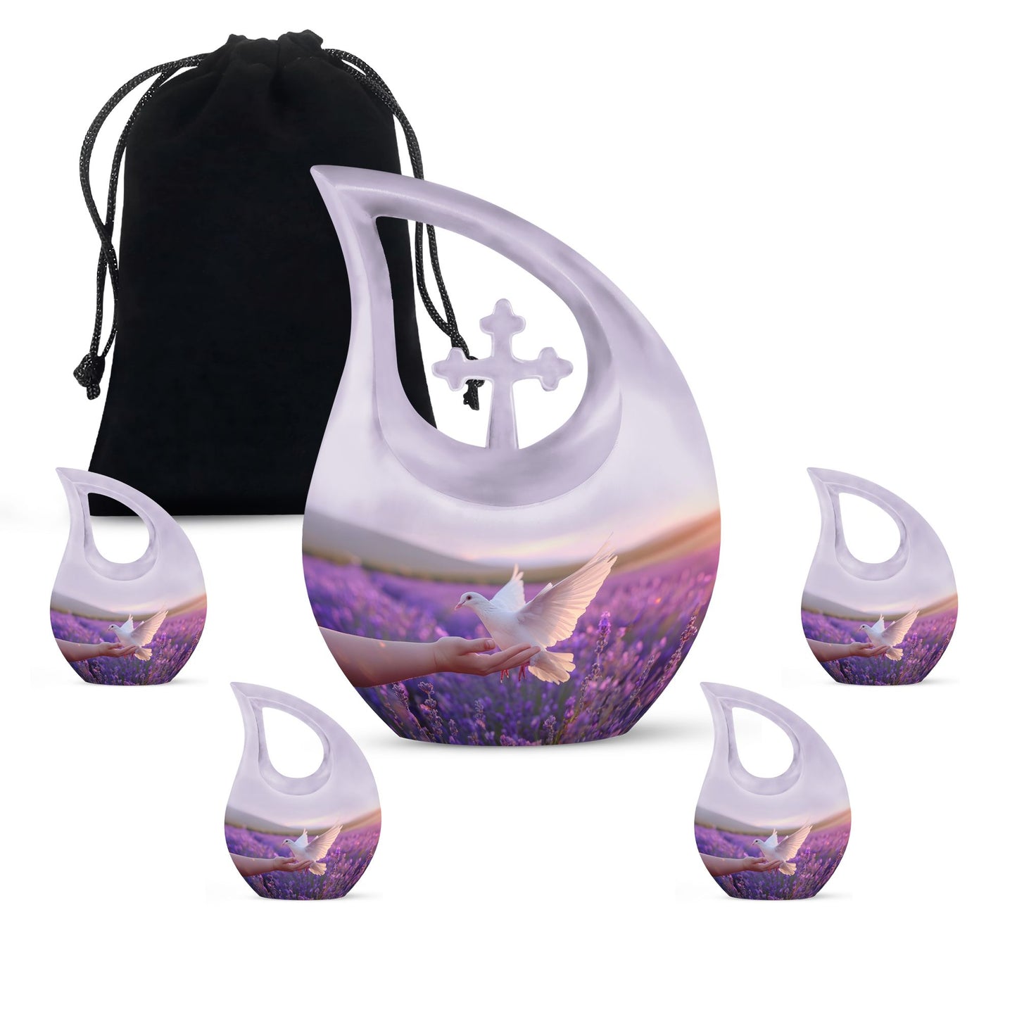 White Dove On Purple Theme Large Urn With 4 Keepsake Urn