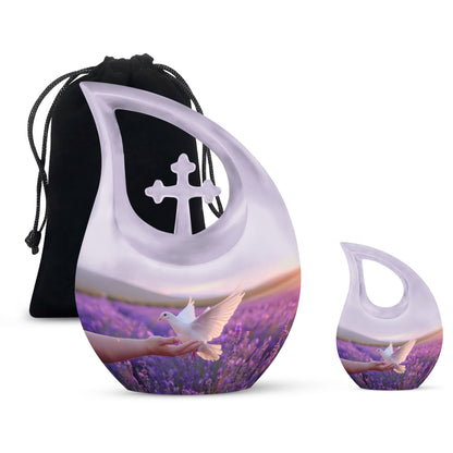 White Dove On Purple Theme Large Urn With 1 Keepsake Urn