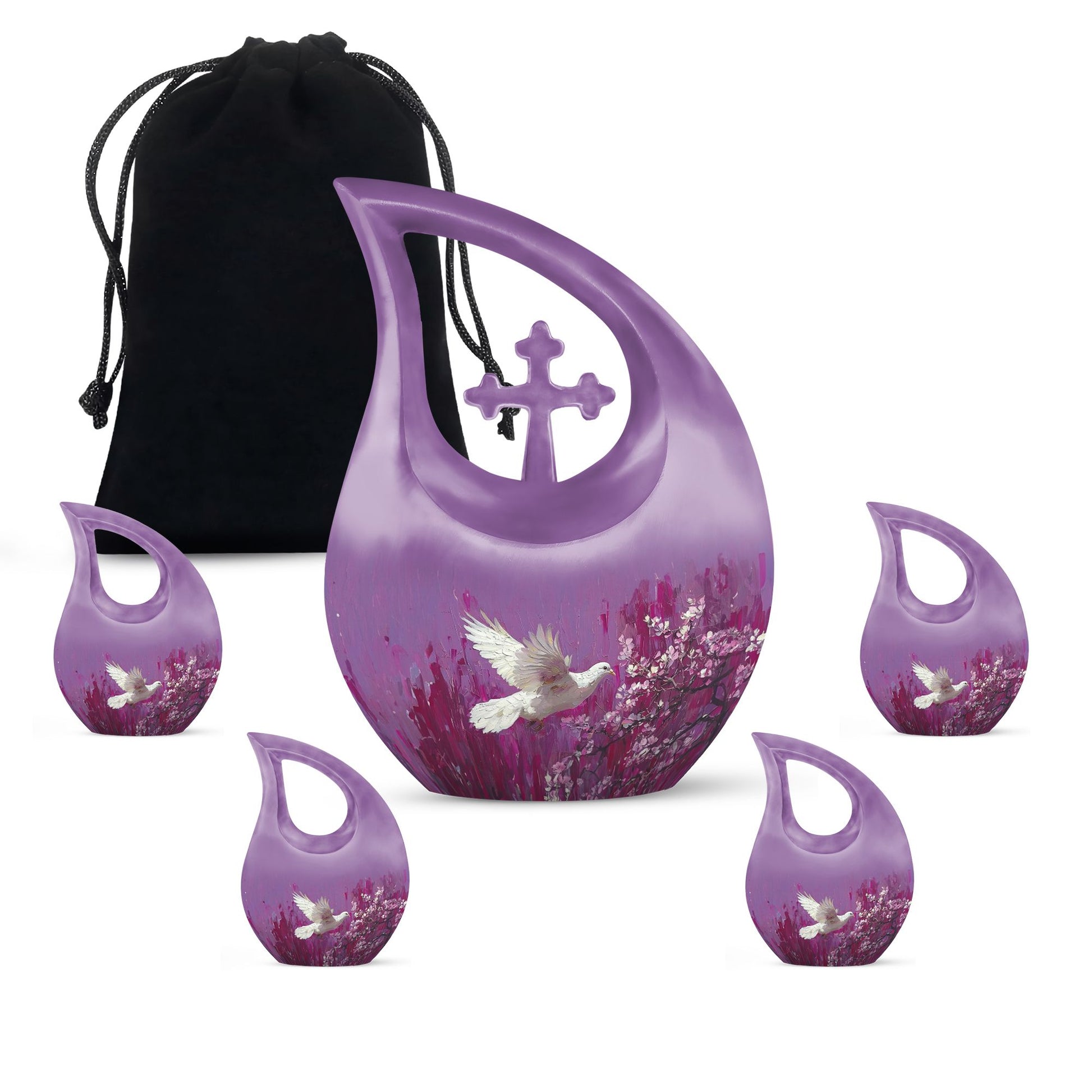 White Dove On Purple Theme Large Urn With 4 Keepsake Urn