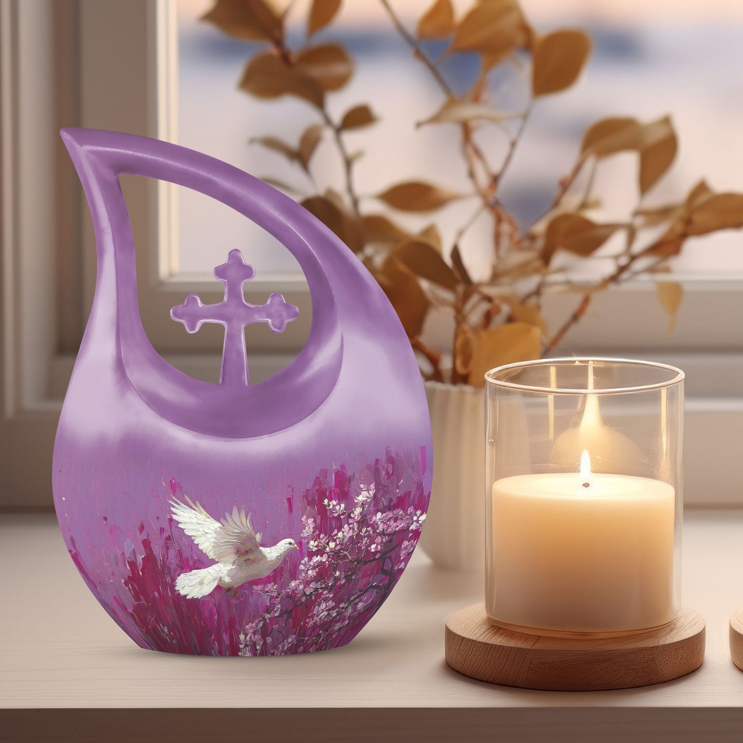 White dove on purple Urn