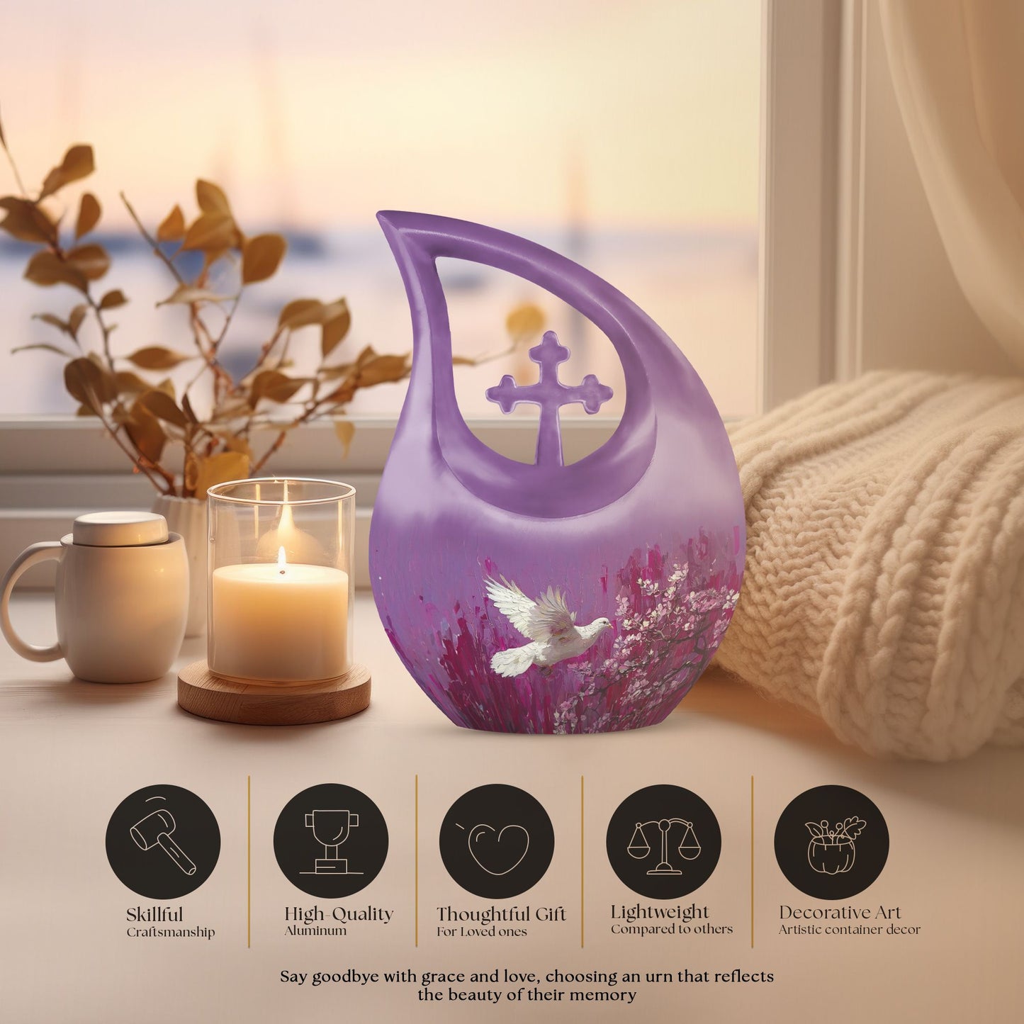 White dove on purple Urn