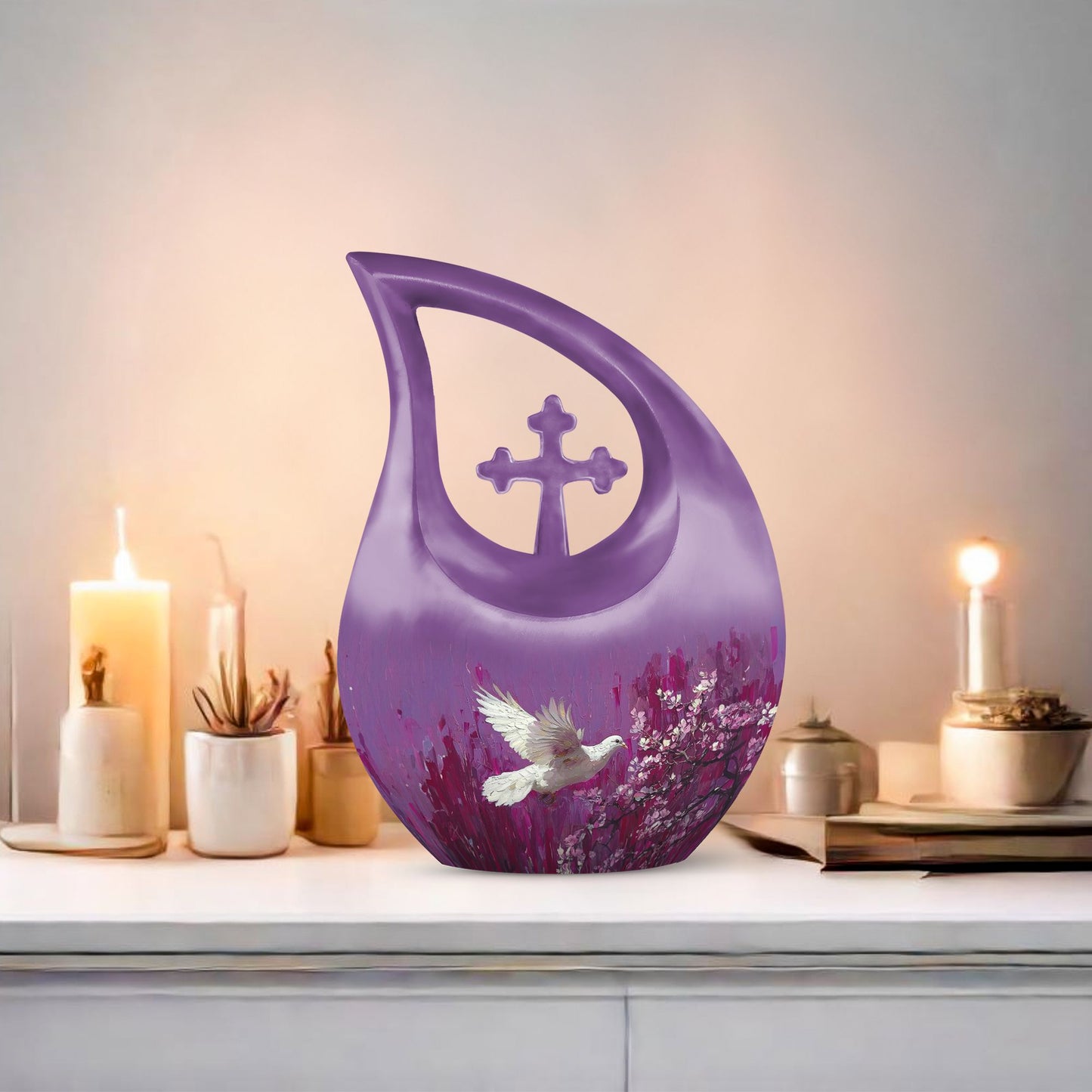 White dove on purple Urn