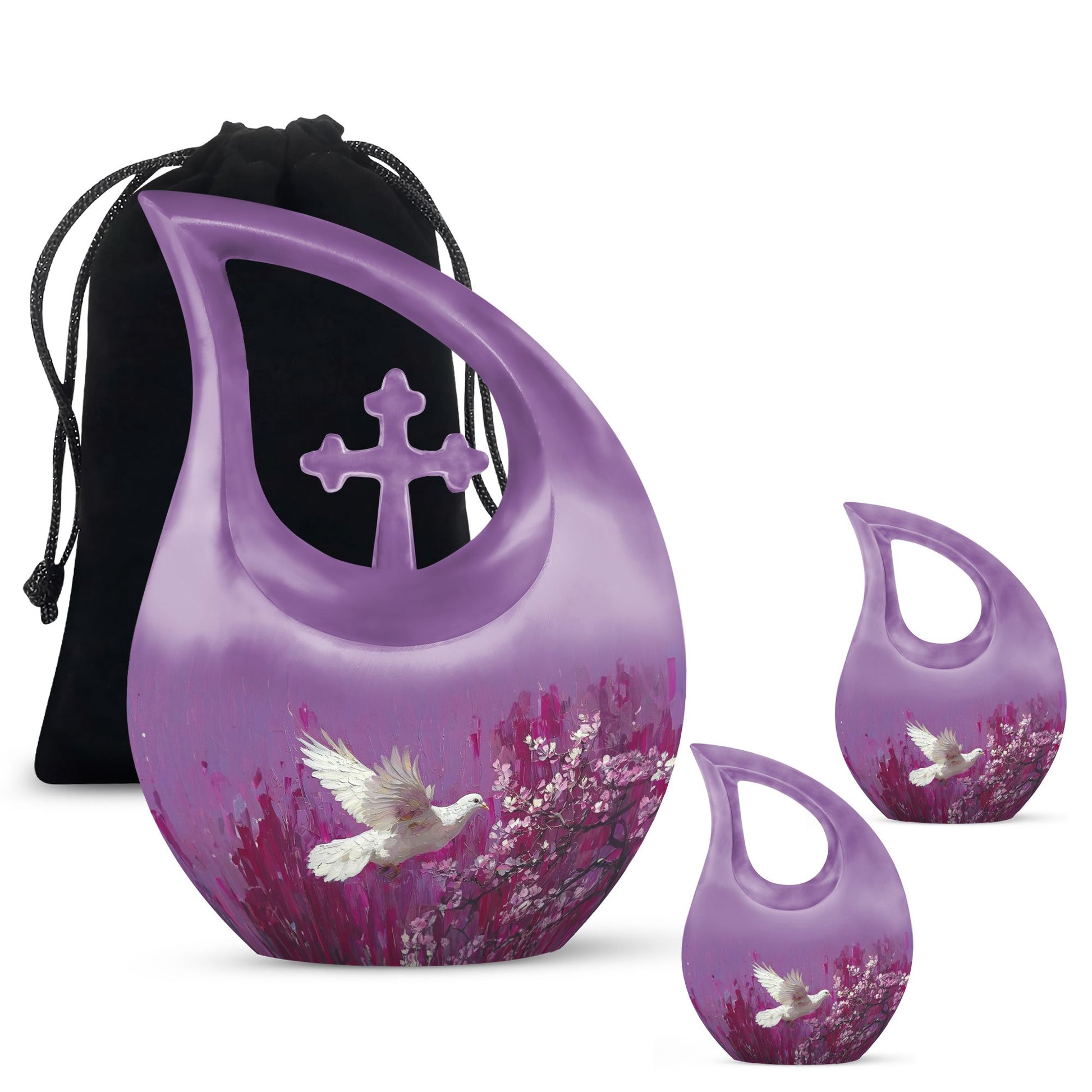 White Dove On Purple Theme Large Urn With 2 Keepsake Urn