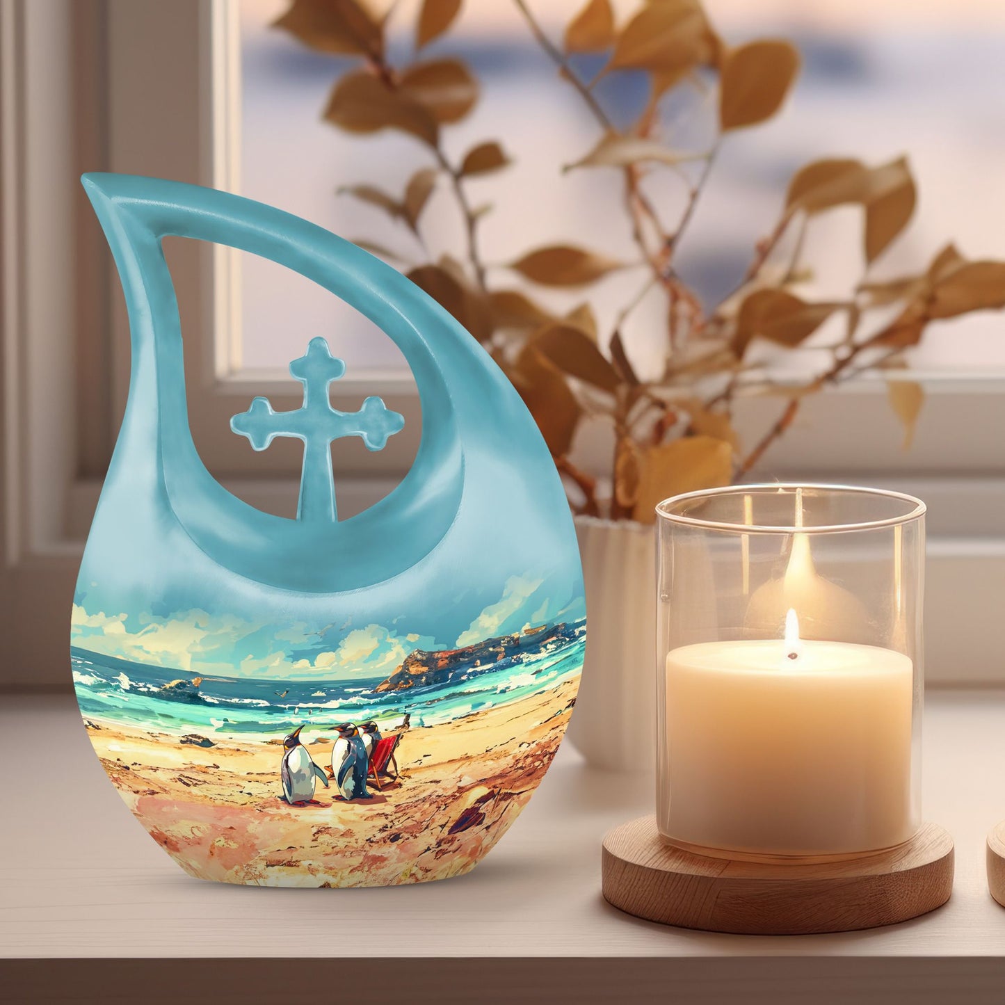 Penguin themed Cross Drop Urn
