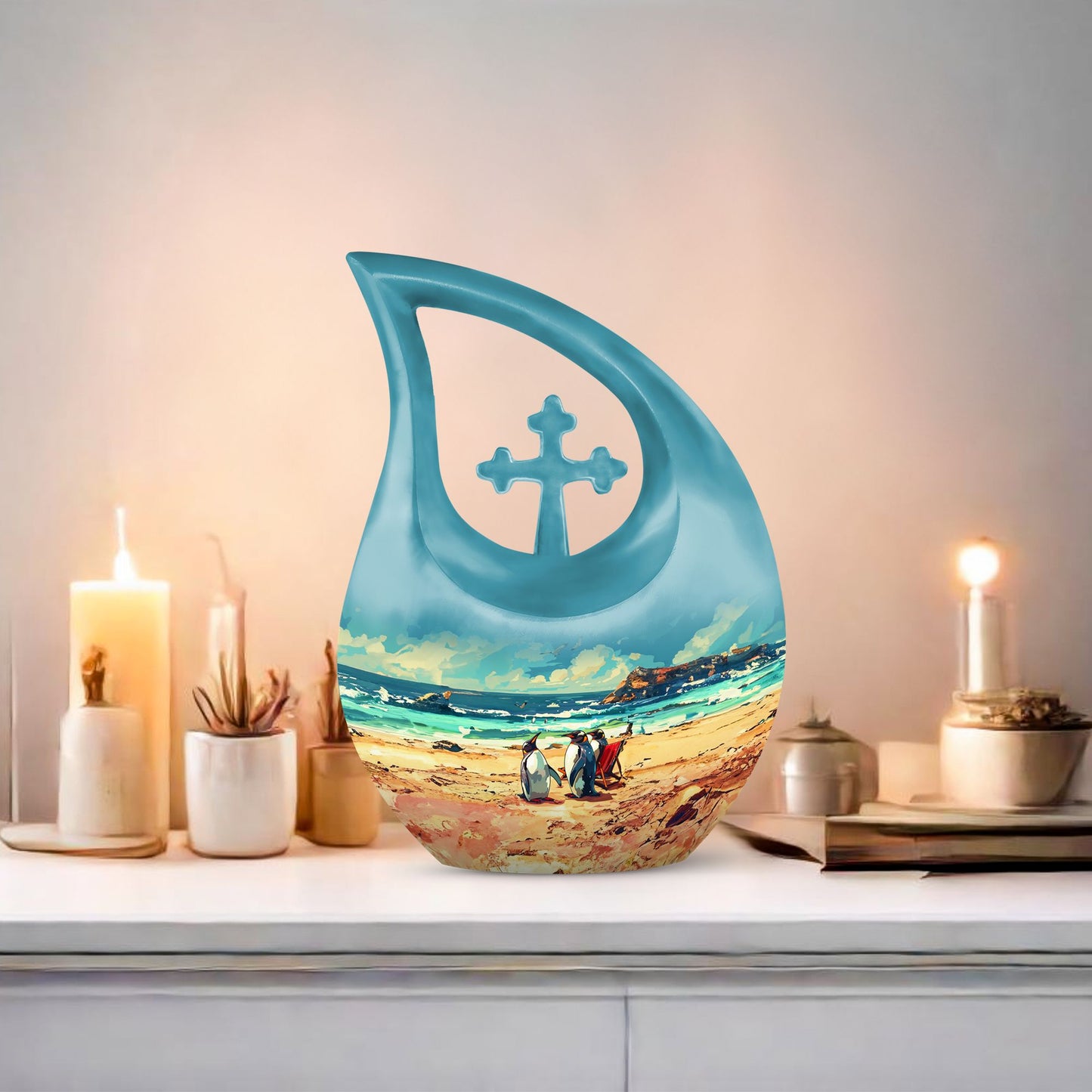 Penguin themed Cross Drop Urn
