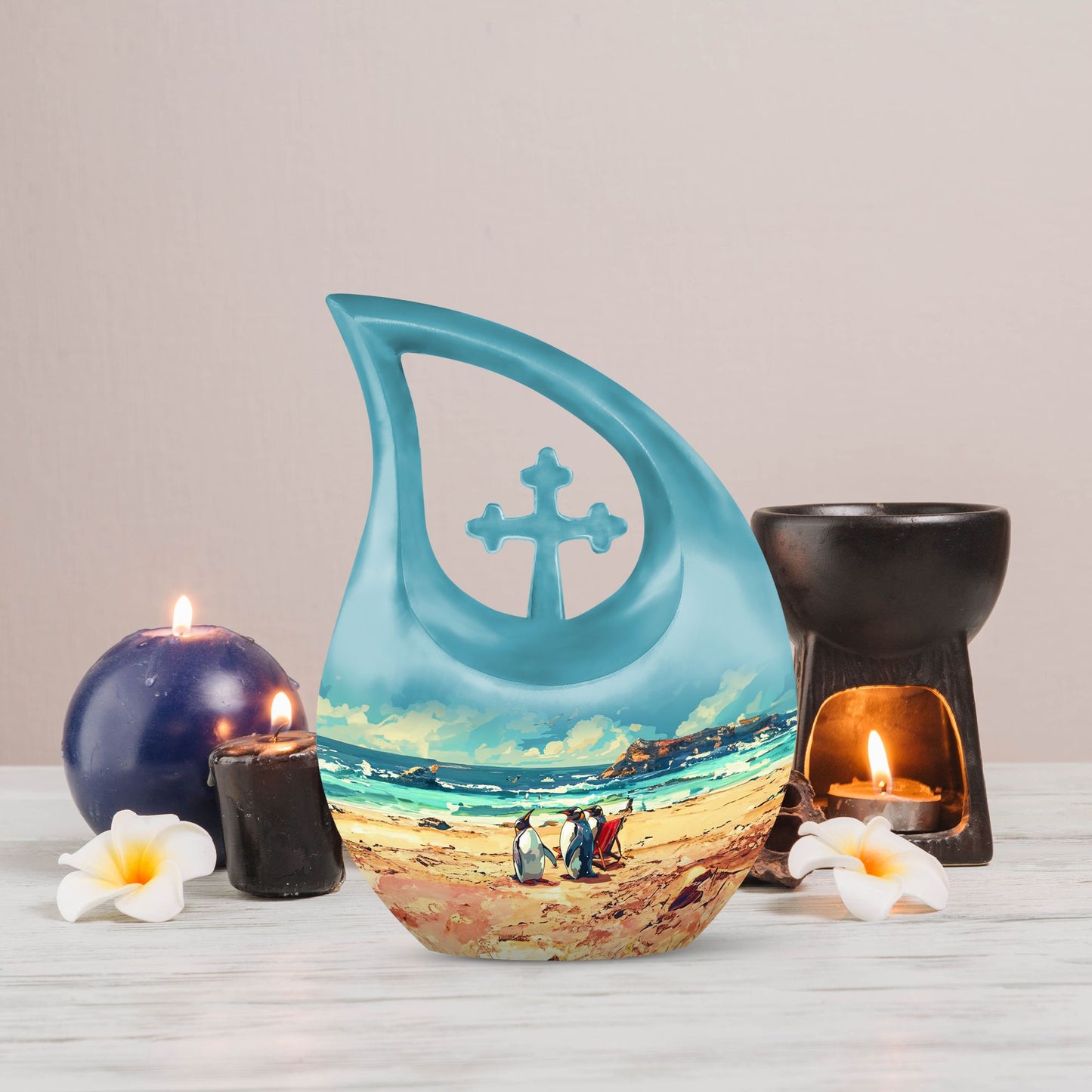 Penguin themed Cross Drop Urn