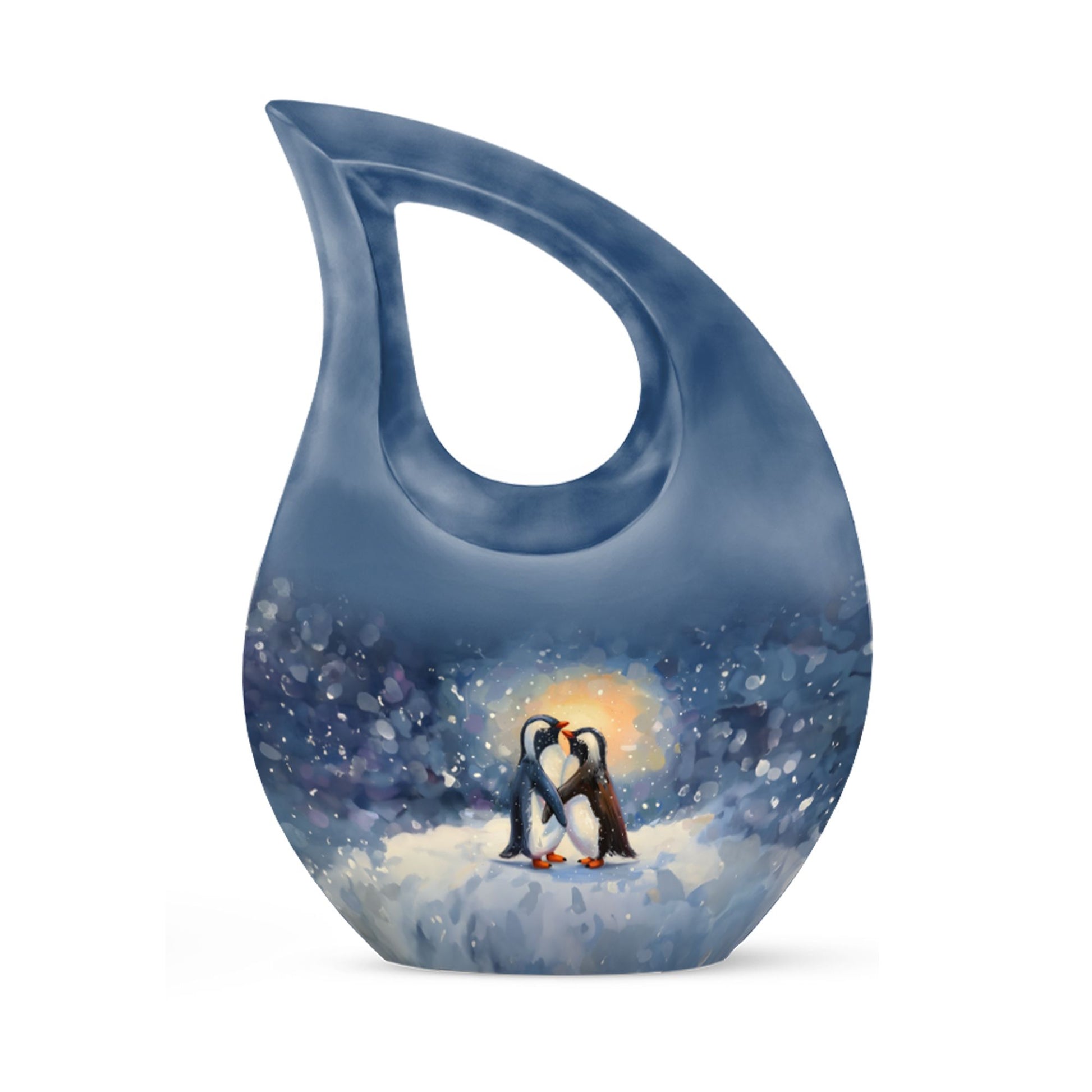A unique Penguin themed Cross Drop Memorial Urn