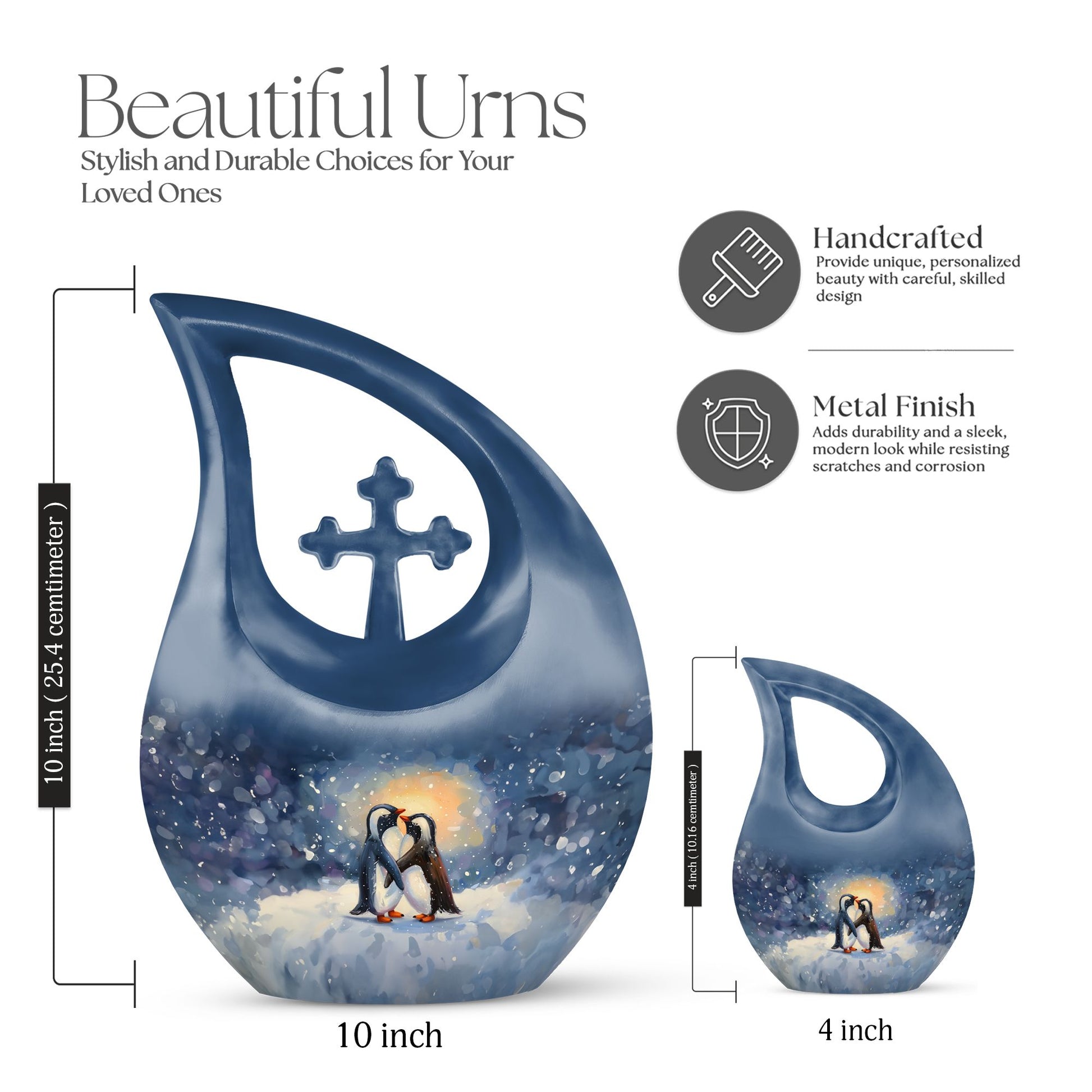 A unique Penguin themed Cross Drop Memorial Urn