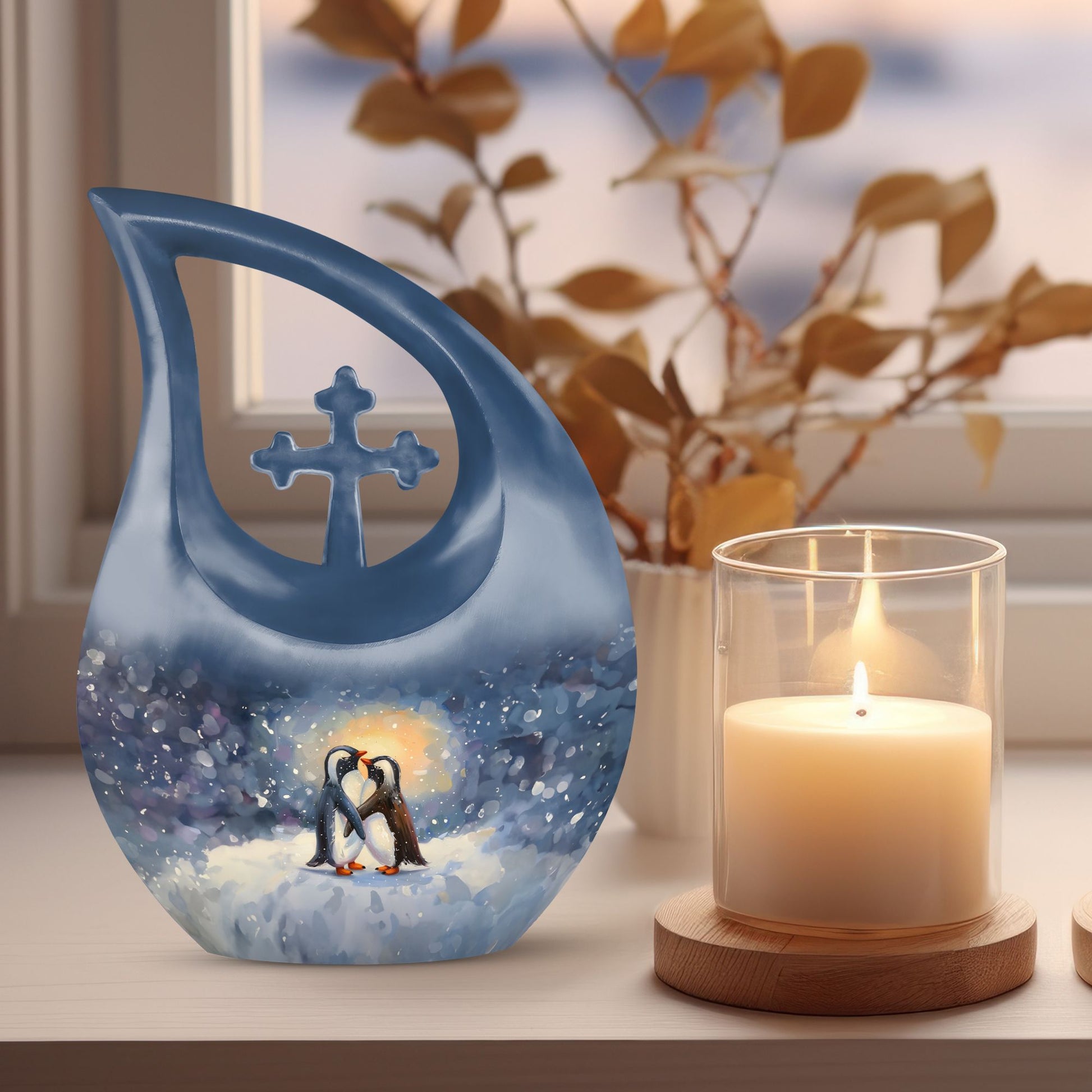 A unique Penguin themed Cross Drop Memorial Urn
