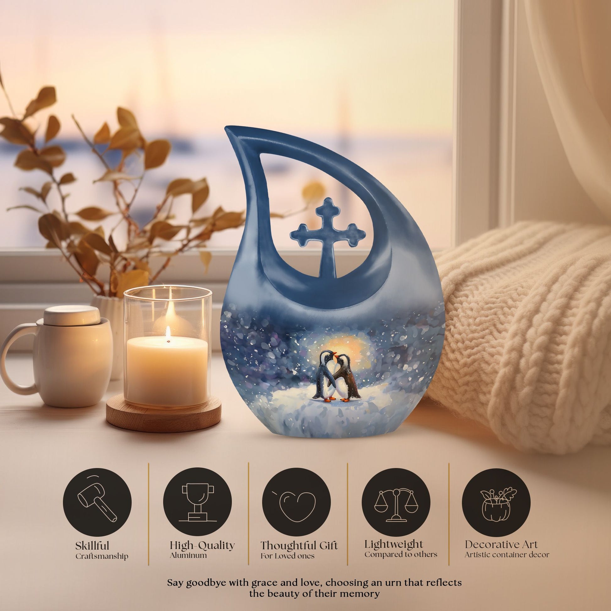 A unique Penguin themed Cross Drop Memorial Urn