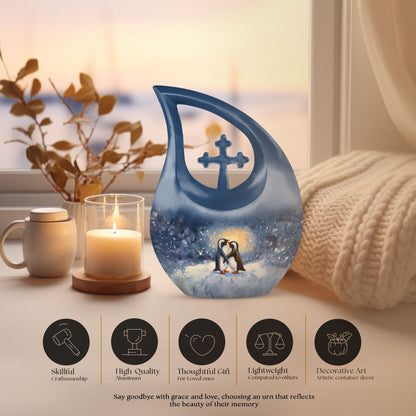 A unique Penguin themed Cross Drop Memorial Urn