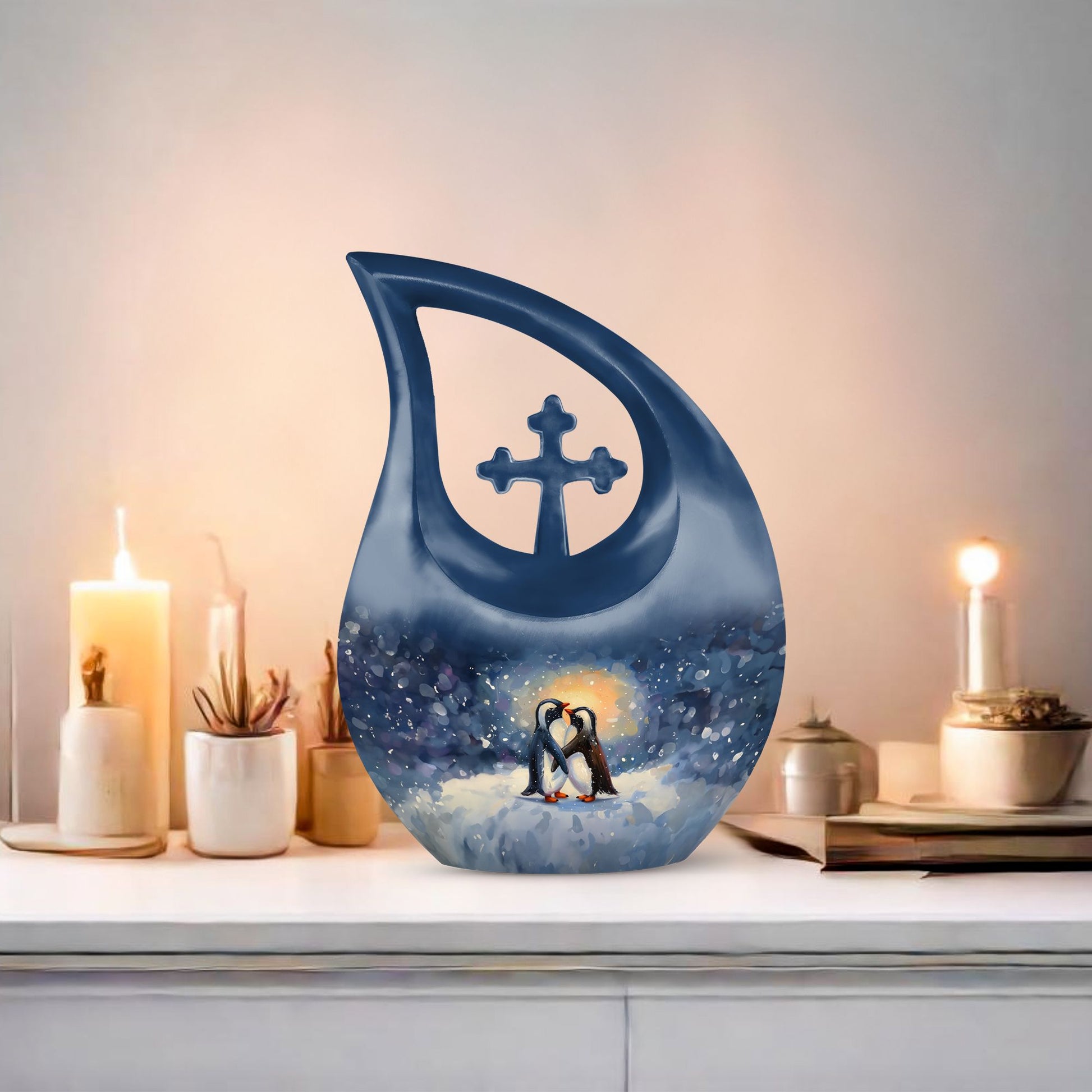 A unique Penguin themed Cross Drop Memorial Urn