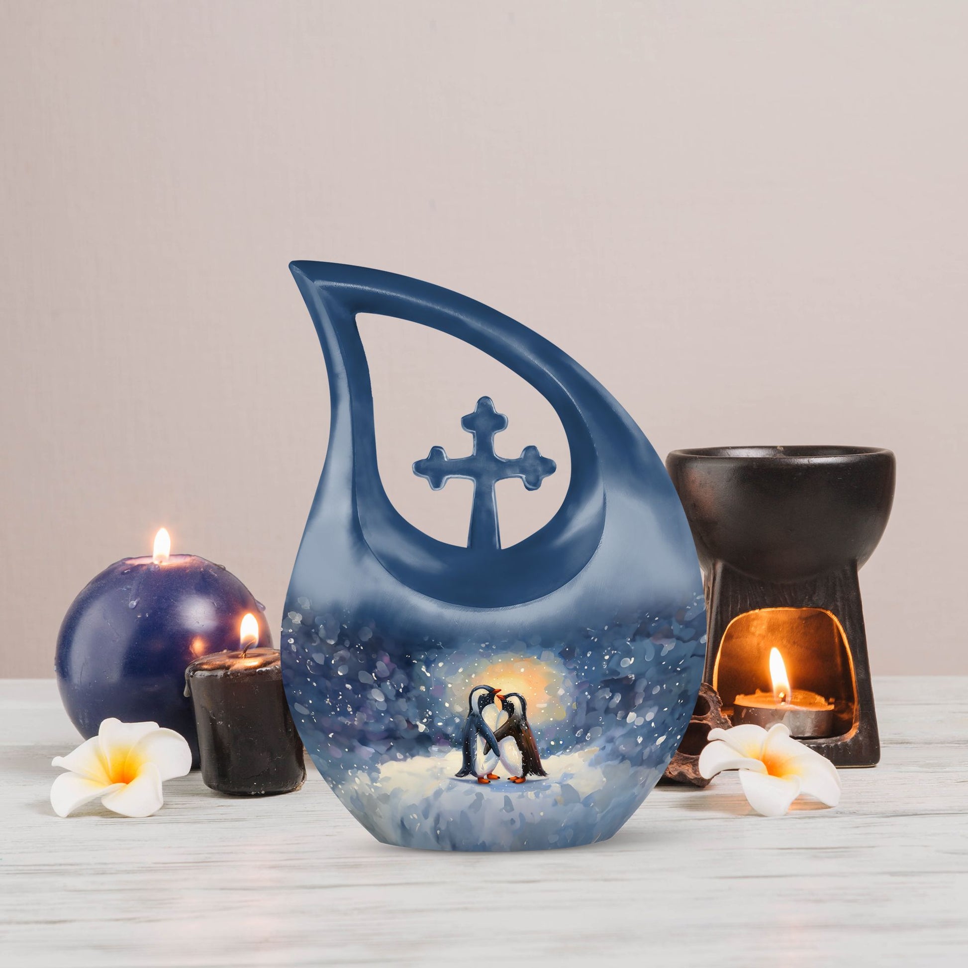 A unique Penguin themed Cross Drop Memorial Urn
