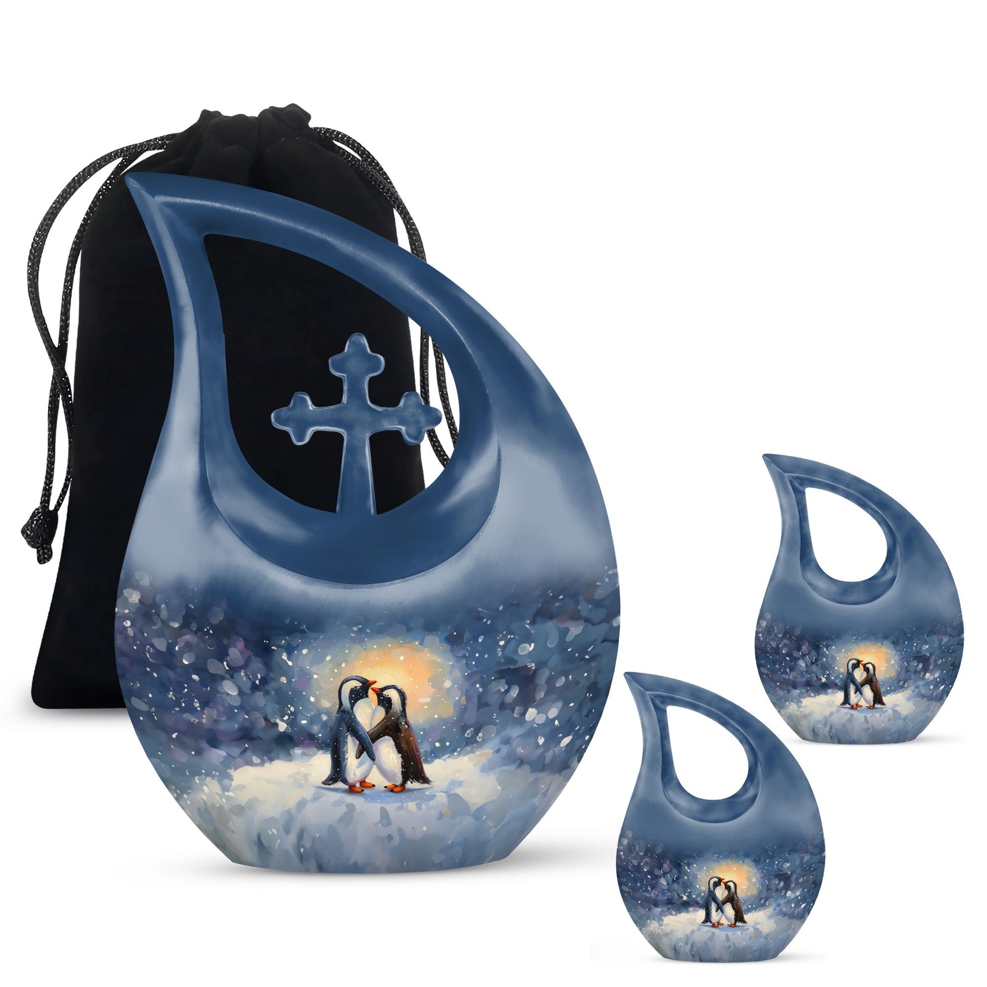 A unique Penguin themed Cross Drop Memorial Urn