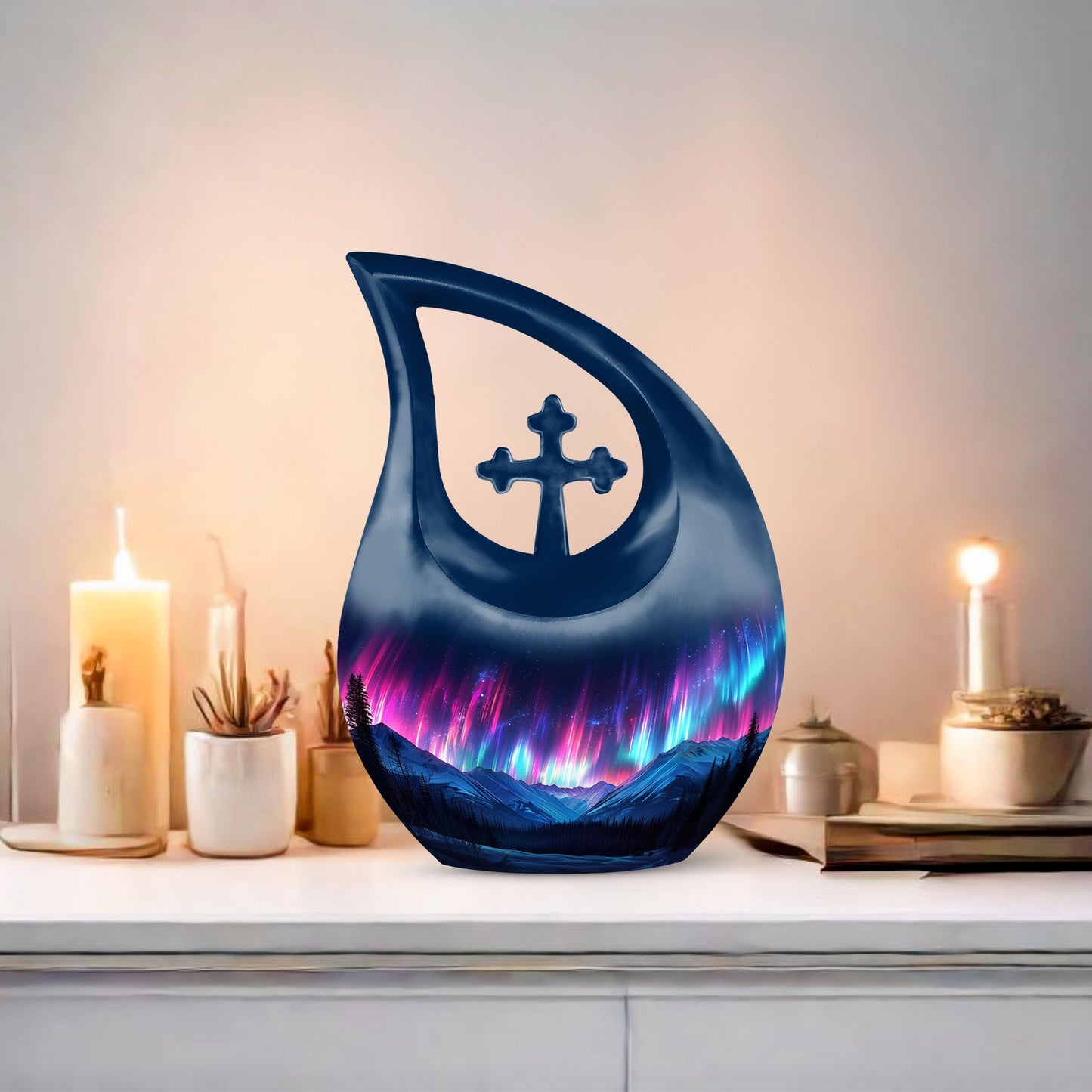 10 inch Aurora Borealis Cross Drop urn