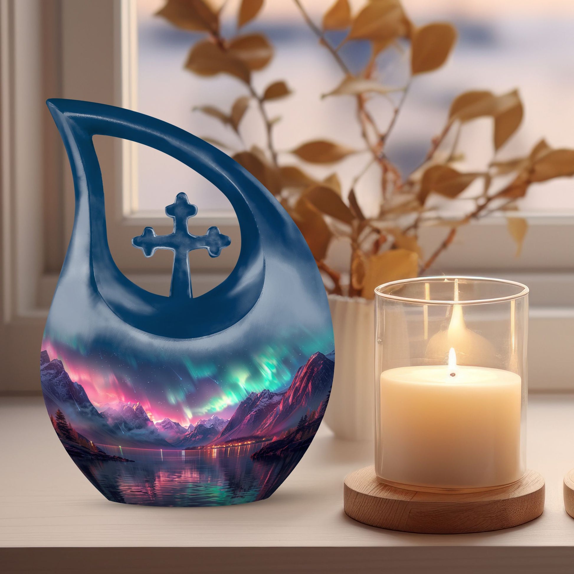 Aurora Borealis Cross Drop urn 