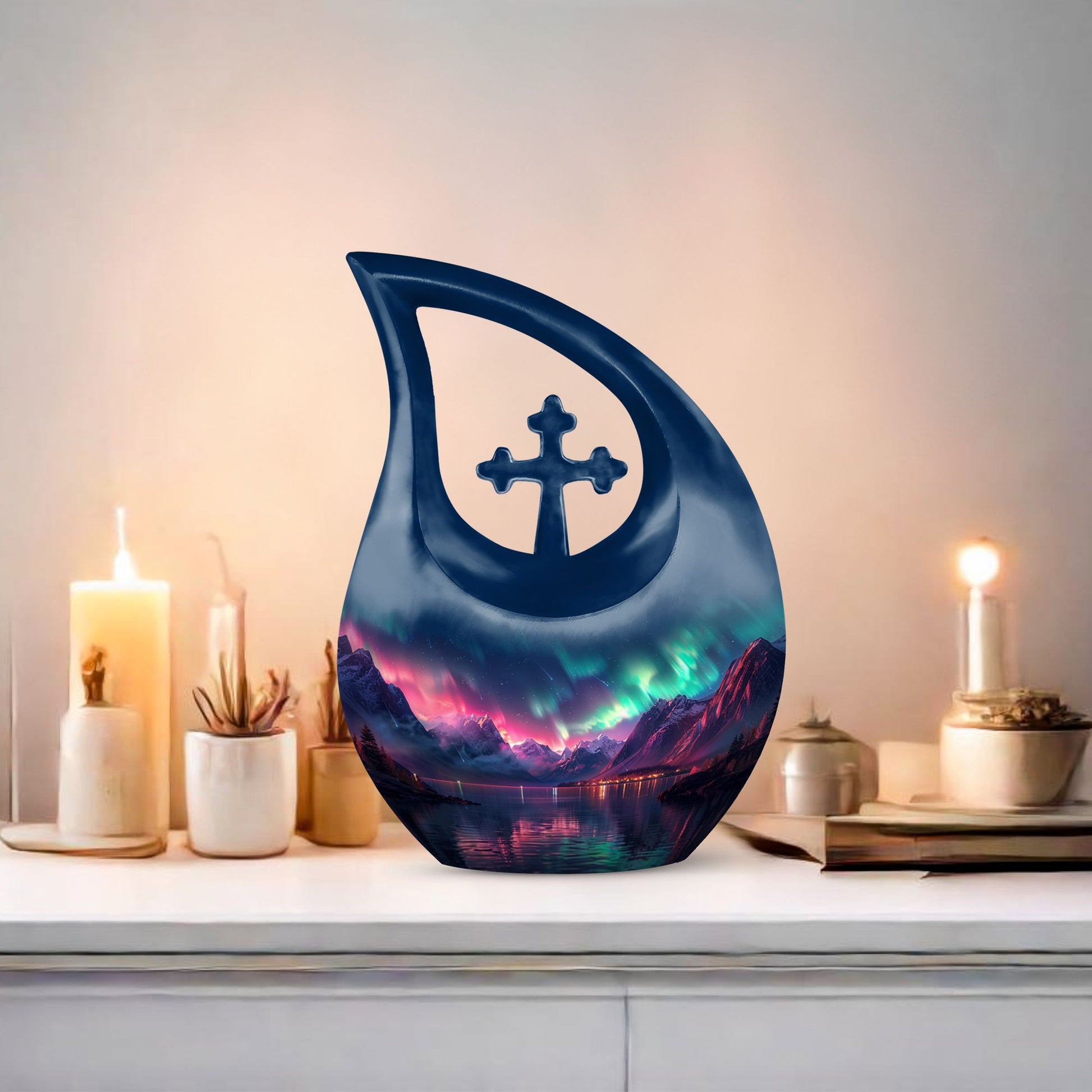 Aurora Borealis Cross Drop urn 