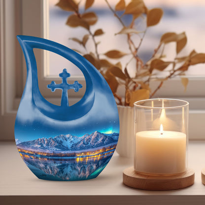 Affordable 10-inch Aurora Borealis Cross Drop Urn