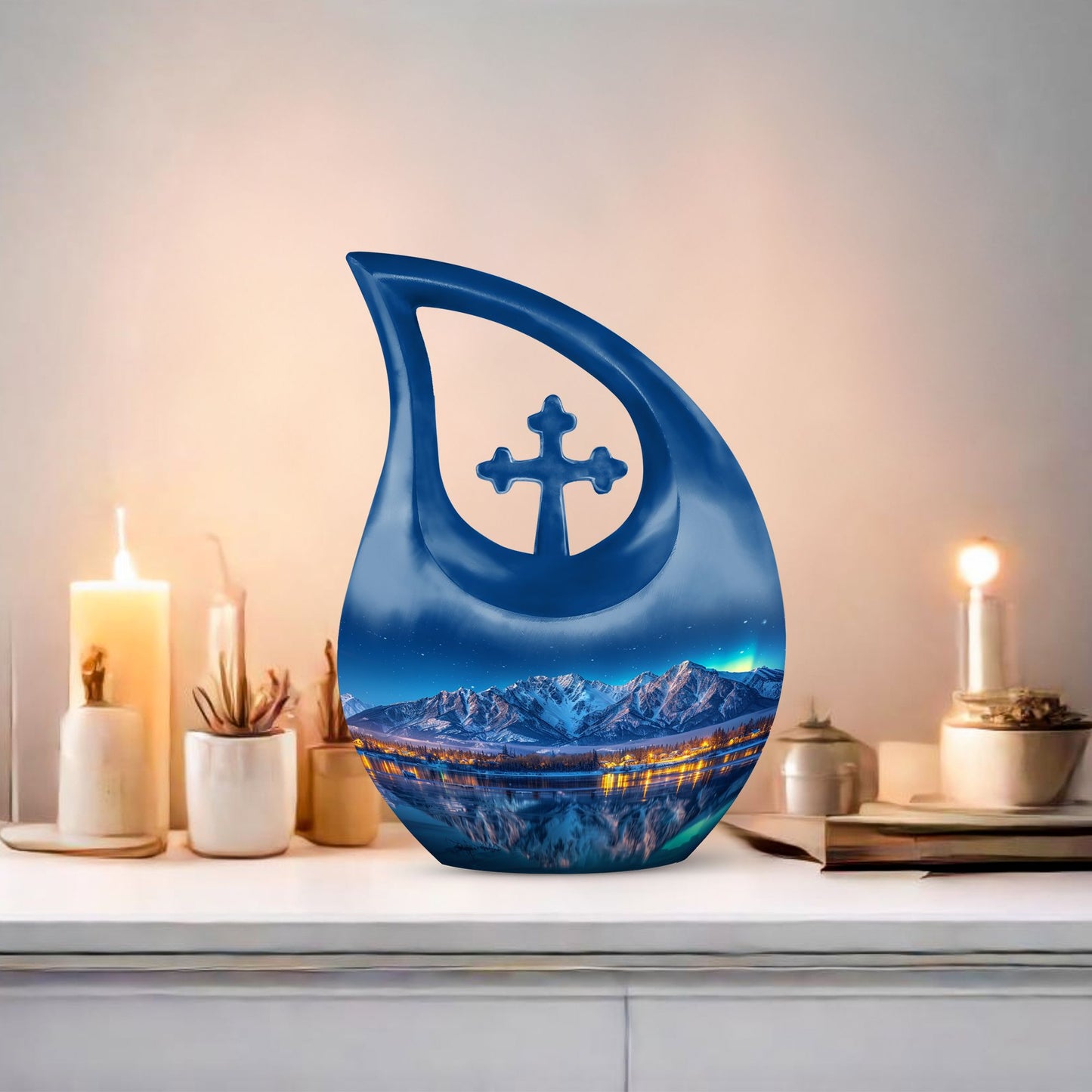 Affordable 10-inch Aurora Borealis Cross Drop Urn