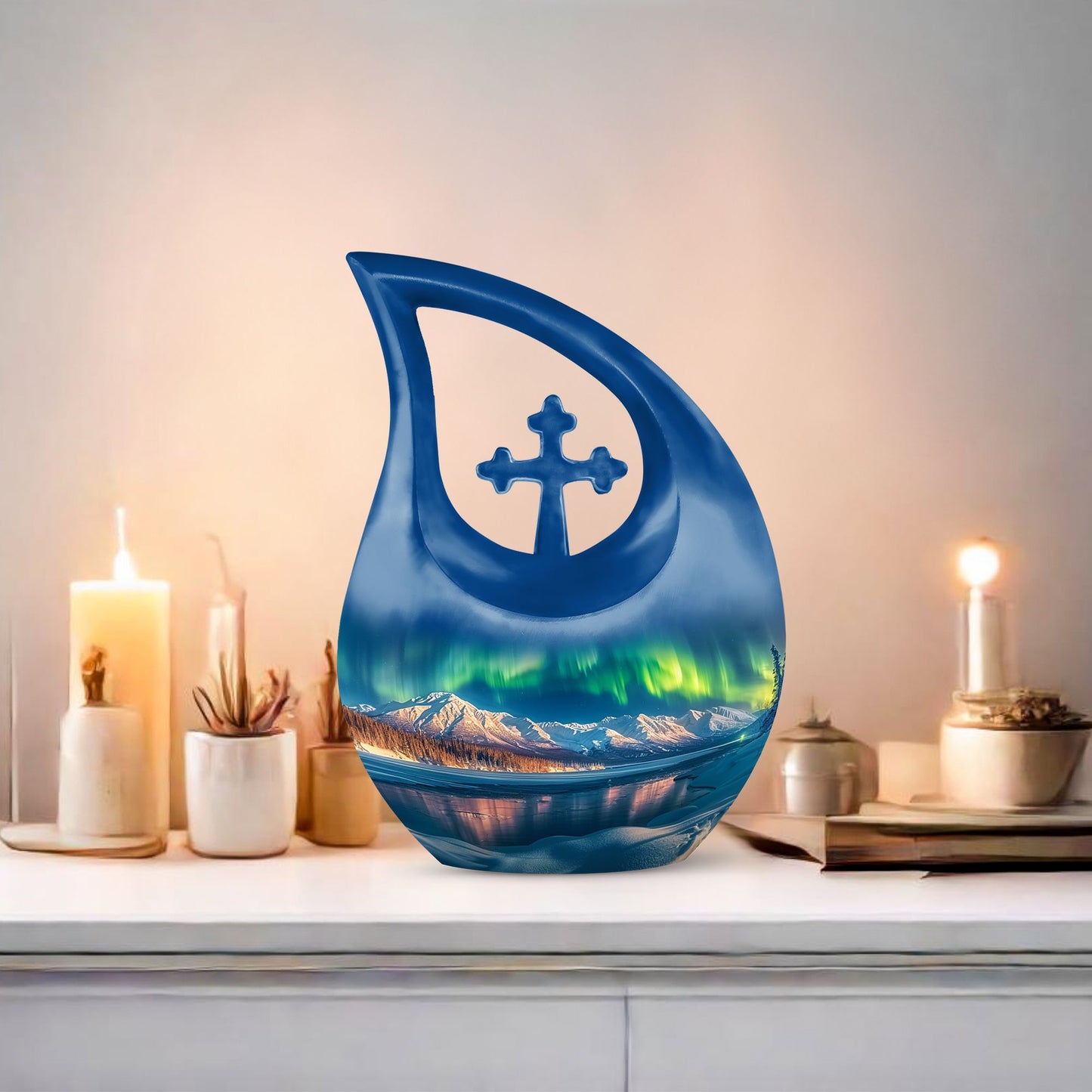 Aurora Borealis 10-inch Cross Drop Urn for ashes