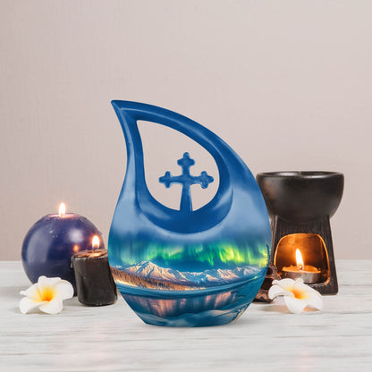 Aurora Borealis 10-inch Cross Drop Urn for ashes