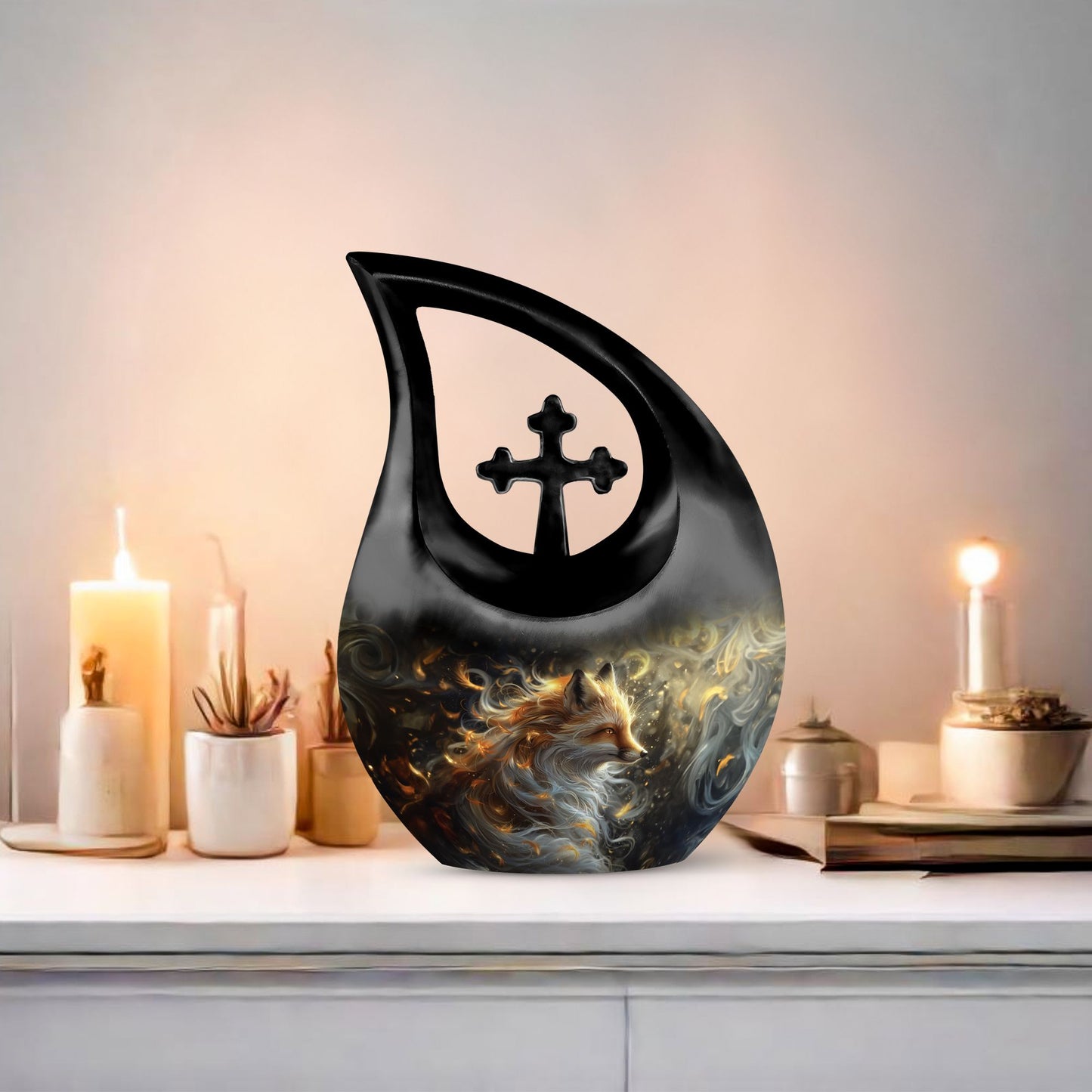 Large Fox Urn designed with Cross Drop Urn
