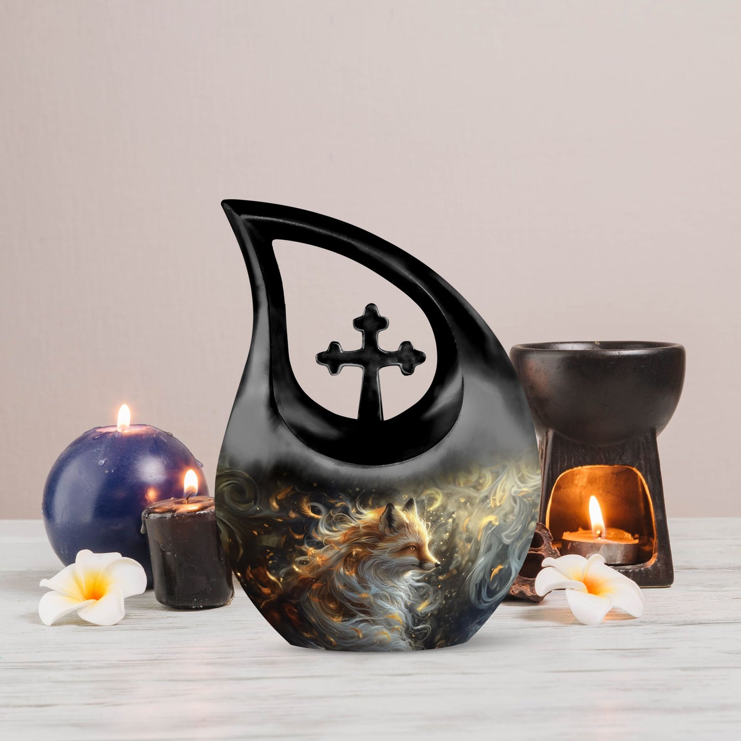 Large Fox Urn designed with Cross Drop Urn