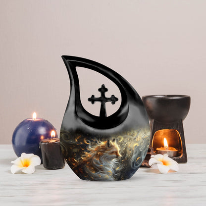 Large Fox Urn designed with Cross Drop Urn