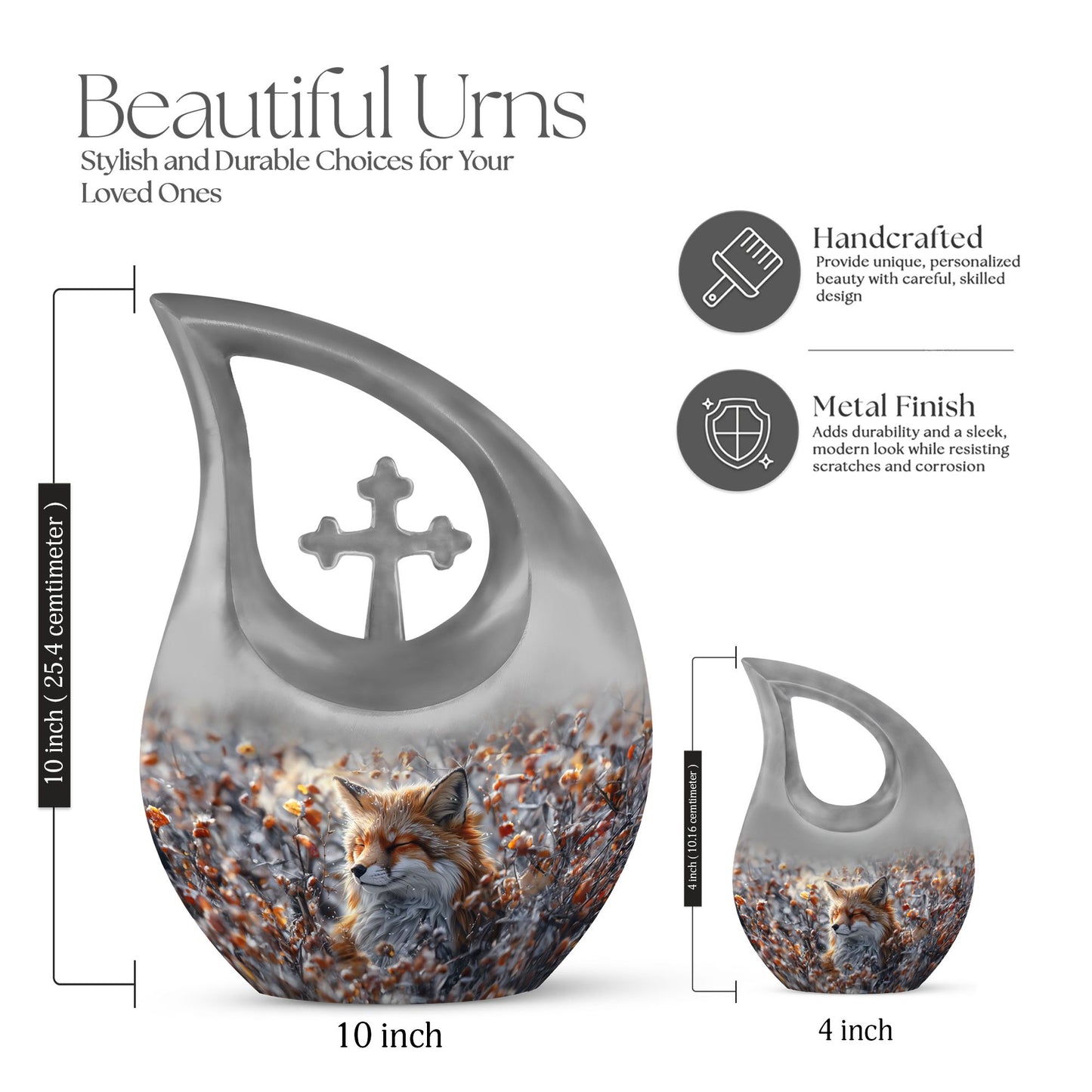 10-inch Fox-themed Cross Drop Aluminium Cremation Urn