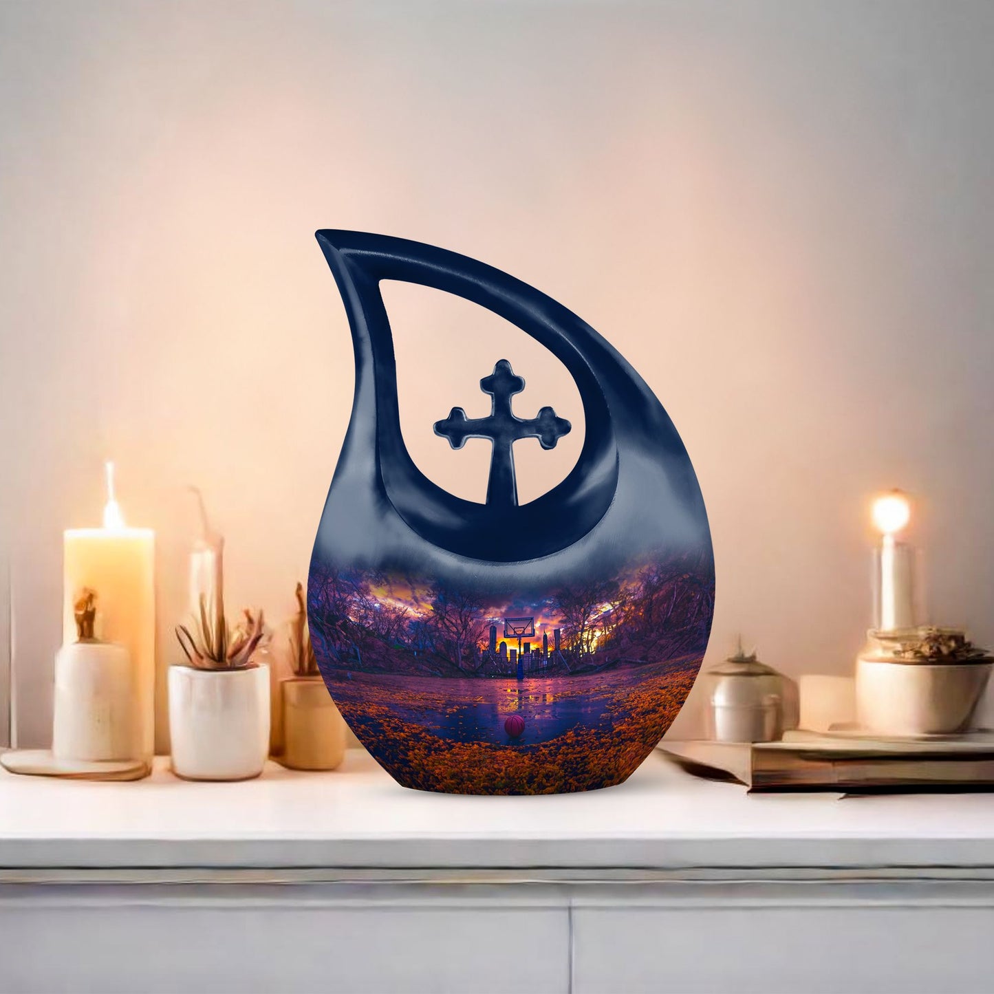 10-inch Basketball Urn with Cross Drop design