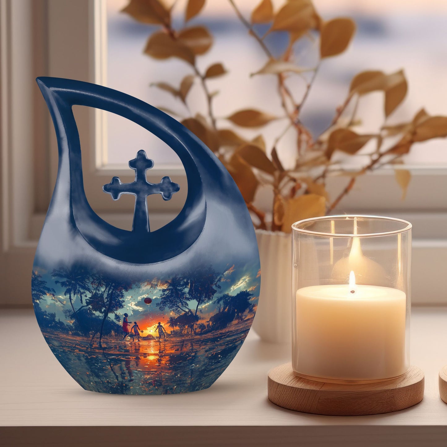 10 inch Basketball Themed Urn with Cross Drop Design