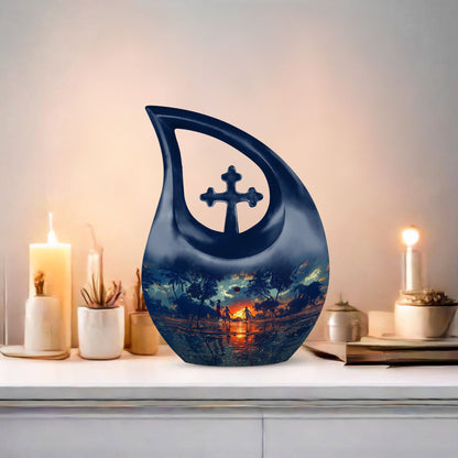 10 inch Basketball Themed Urn with Cross Drop Design