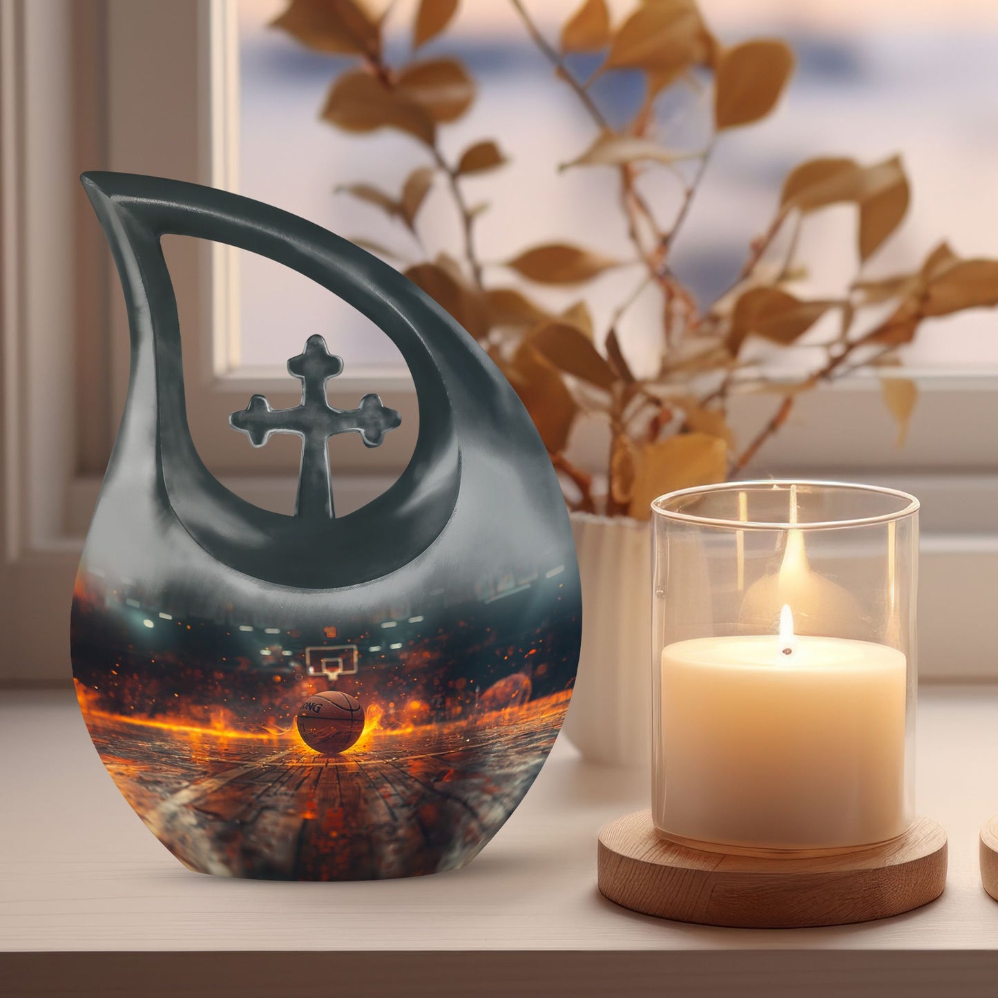10-inch Basketball-themed Cross Drop Design Memorial Urn