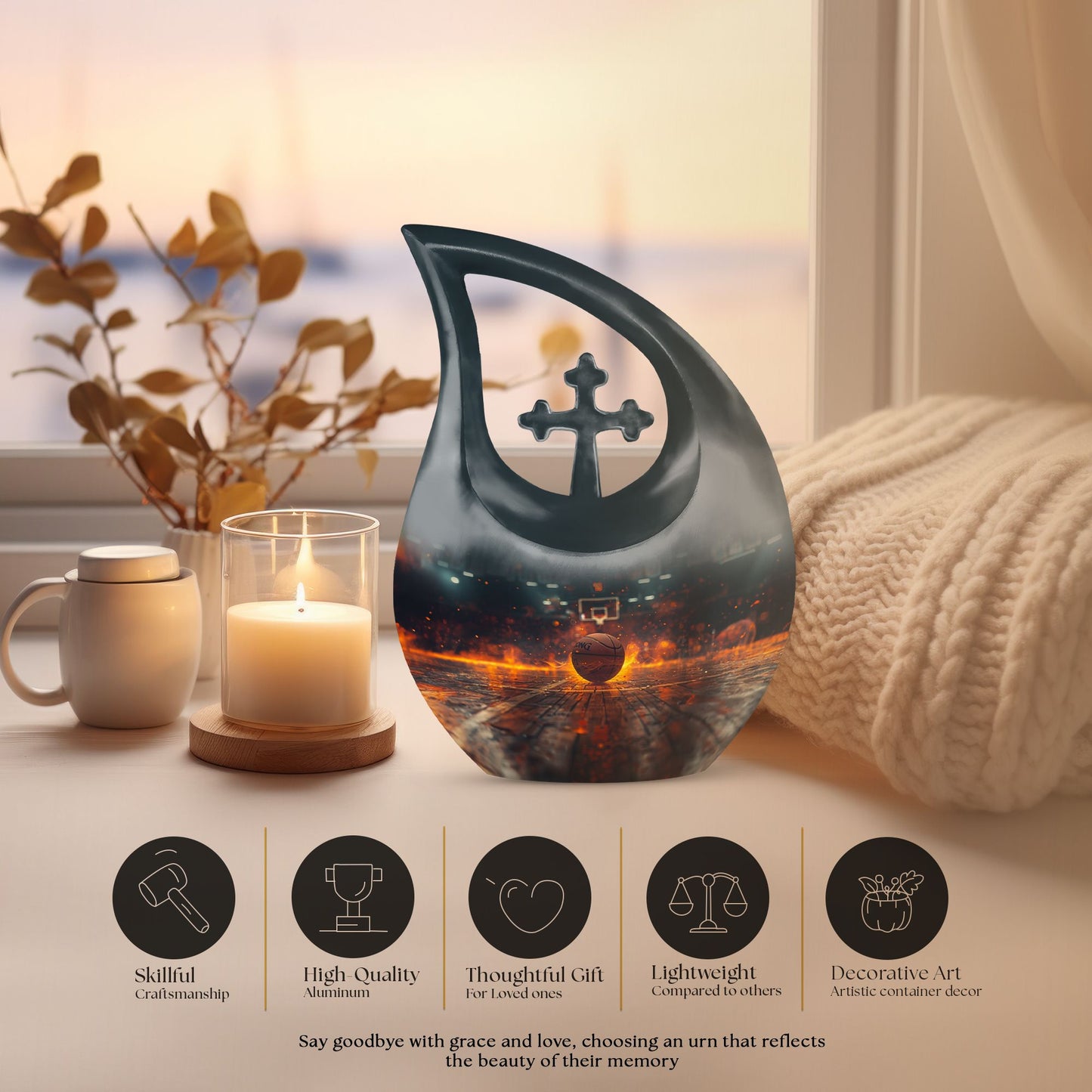 10-inch Basketball-themed Cross Drop Design Memorial Urn
