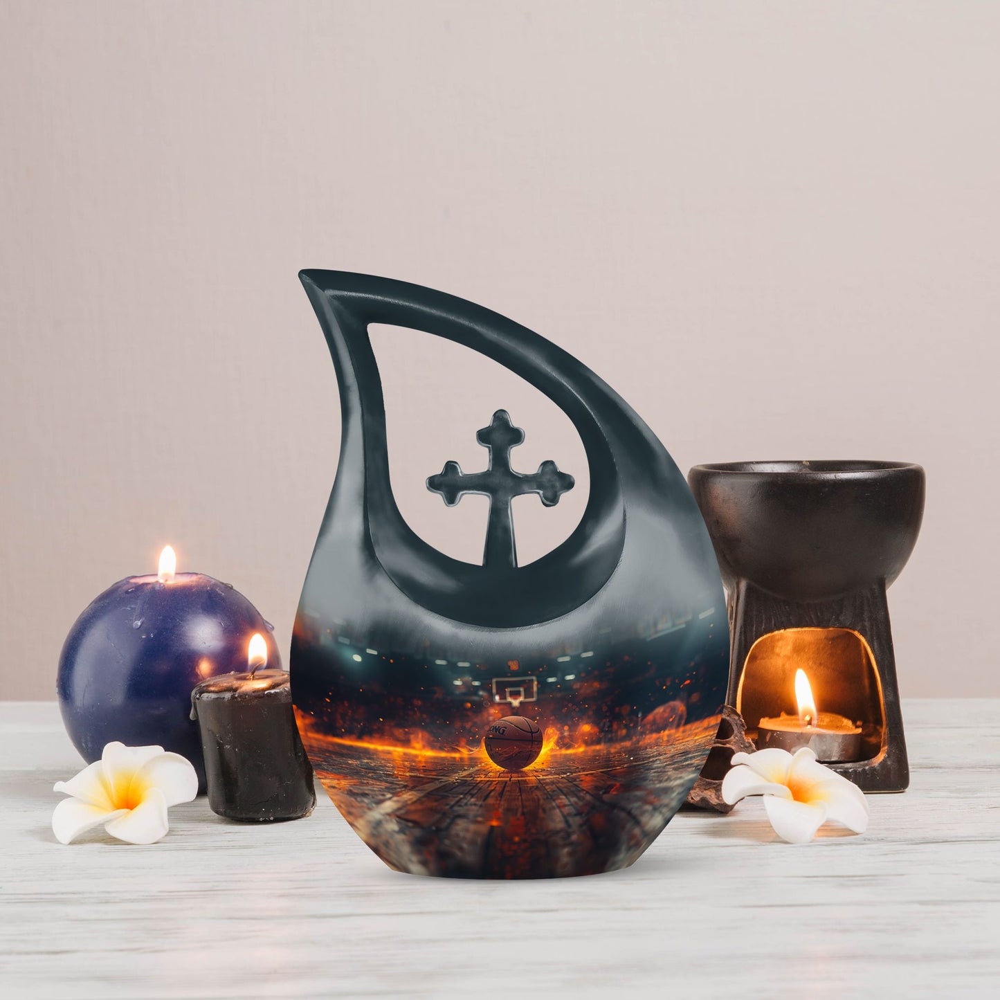 10-inch Basketball-themed Cross Drop Design Memorial Urn