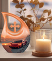 10-inch Car themed Cross Drop design Aluminium Funeral Urn, 