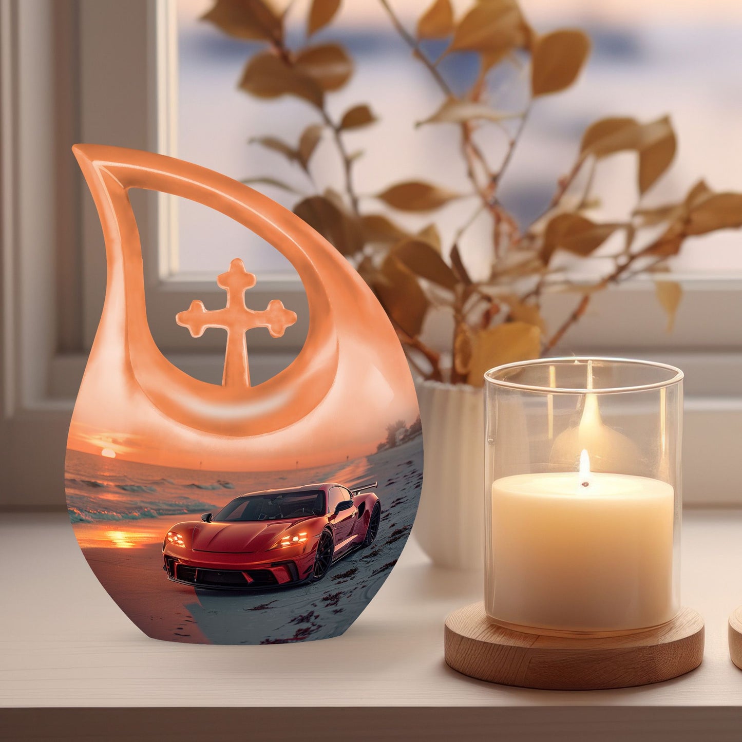 10-inch Car themed Cross Drop design Aluminium Funeral Urn, 