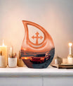 10-inch Car themed Cross Drop design Aluminium Funeral Urn, 