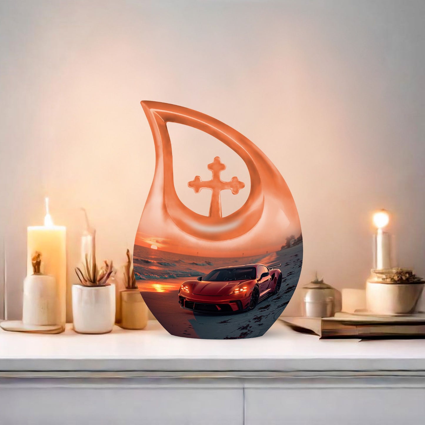 10-inch Car themed Cross Drop design Aluminium Funeral Urn, 