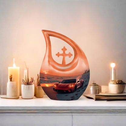 10-inch Car themed Cross Drop design Aluminium Funeral Urn, 