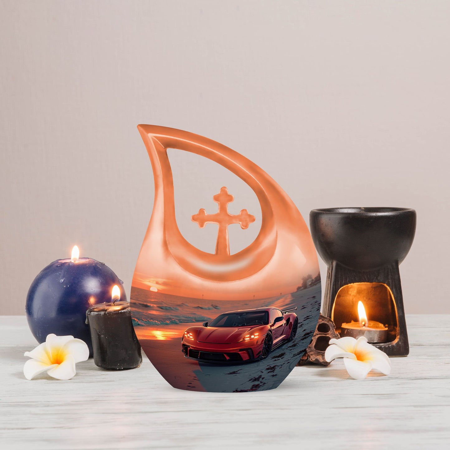 10-inch Car themed Cross Drop design Aluminium Funeral Urn, 