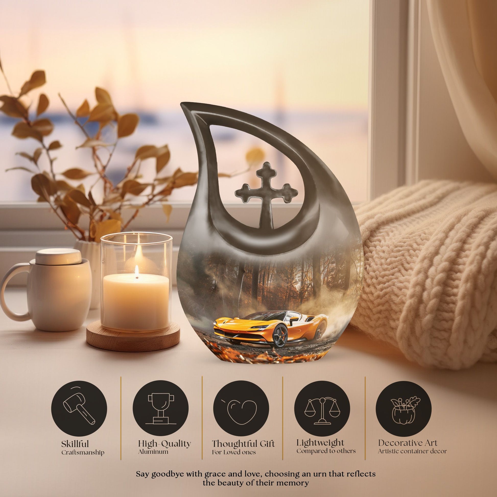 10 inch Aluminium Car Urn with Cross Drop Design 