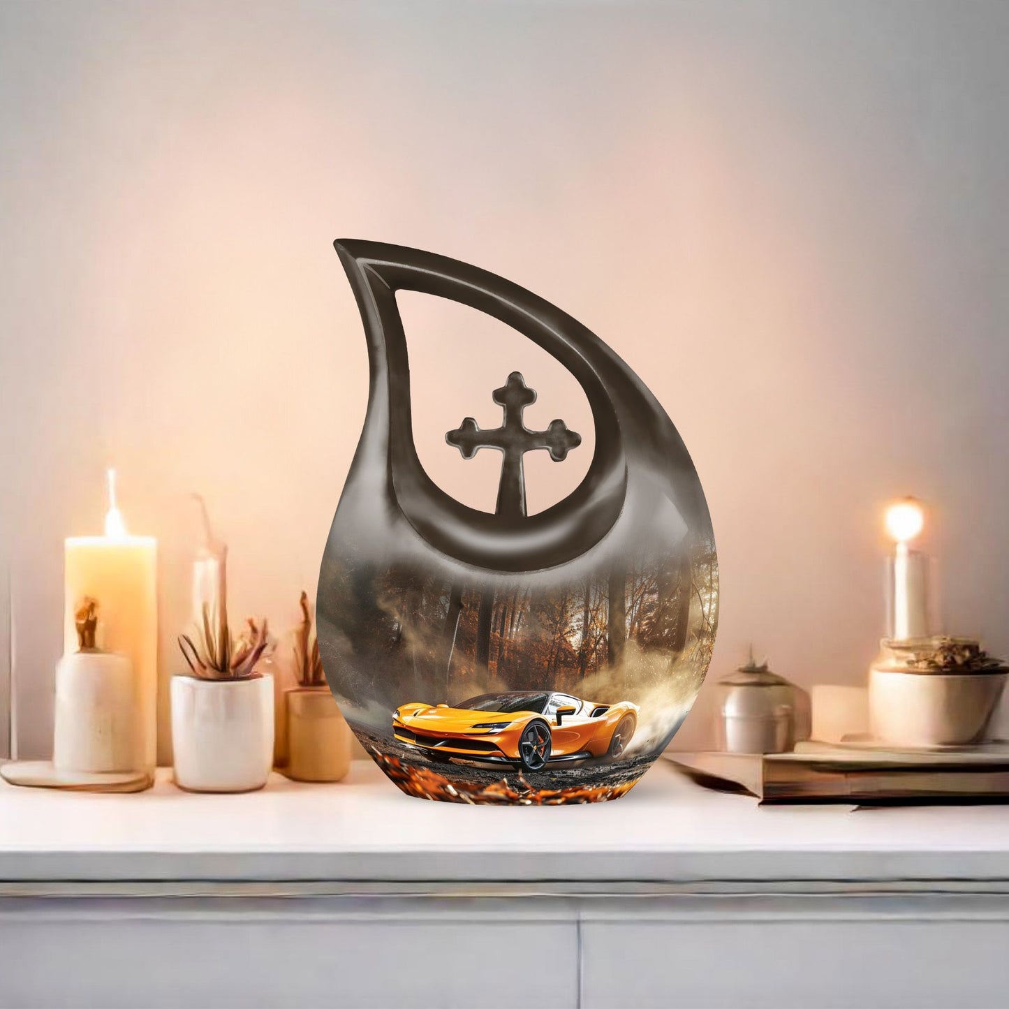 10 inch Aluminium Car Urn with Cross Drop Design 